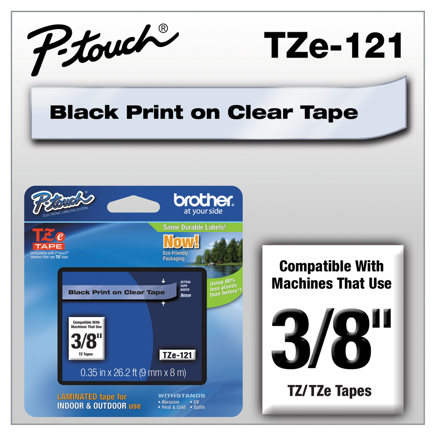  Brother P-Touch TZE121 TZe Standard Adhesive Laminated Labeling Tape, 0.35 x 26.2 ft, Black on Clear (BRTTZE121) 