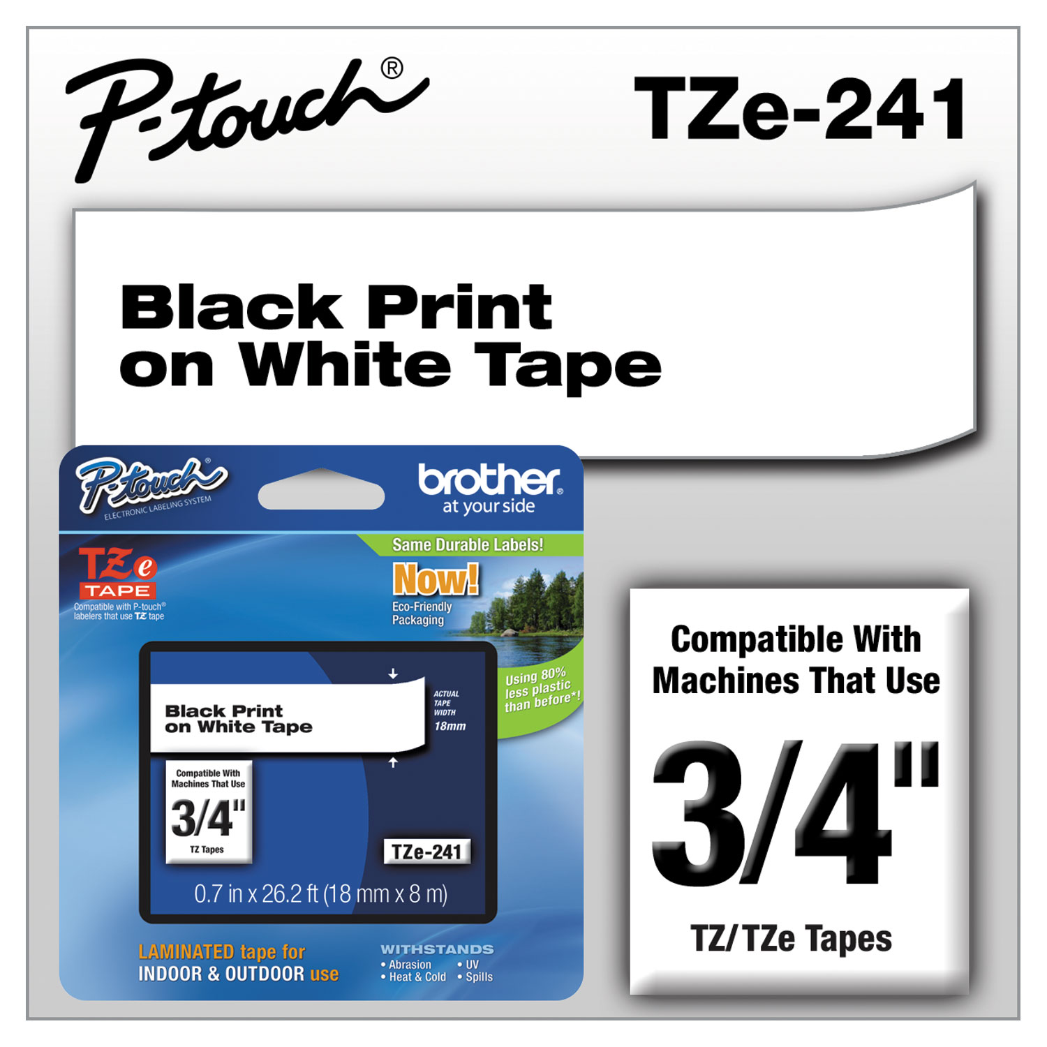  Brother P-Touch TZE241 TZe Standard Adhesive Laminated Labeling Tape, 0.7 x 26.2 ft, Black on White (BRTTZE241) 