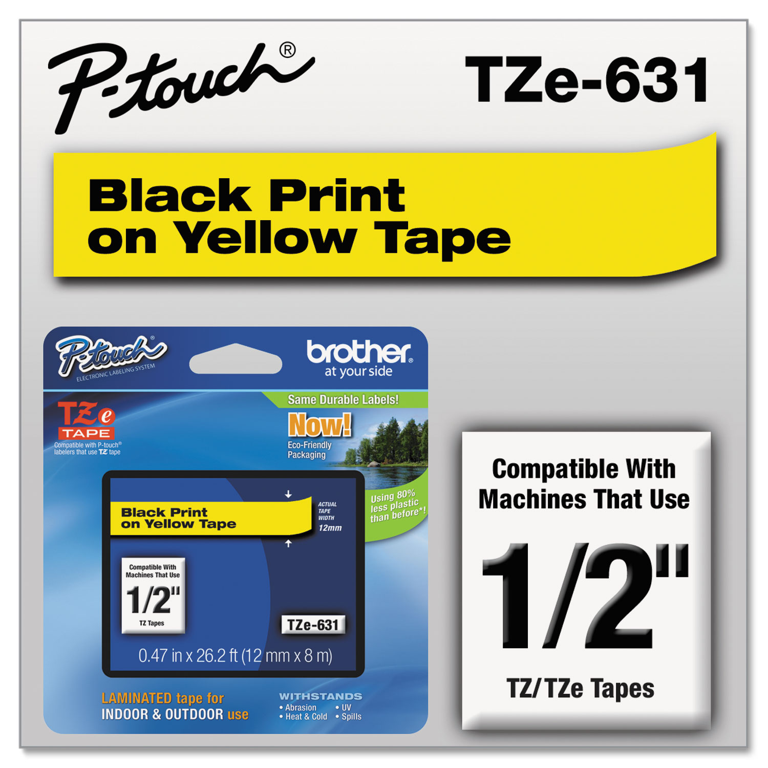 TZe Standard Adhesive Laminated Labeling Tape, 1/2w, Black on Yellow