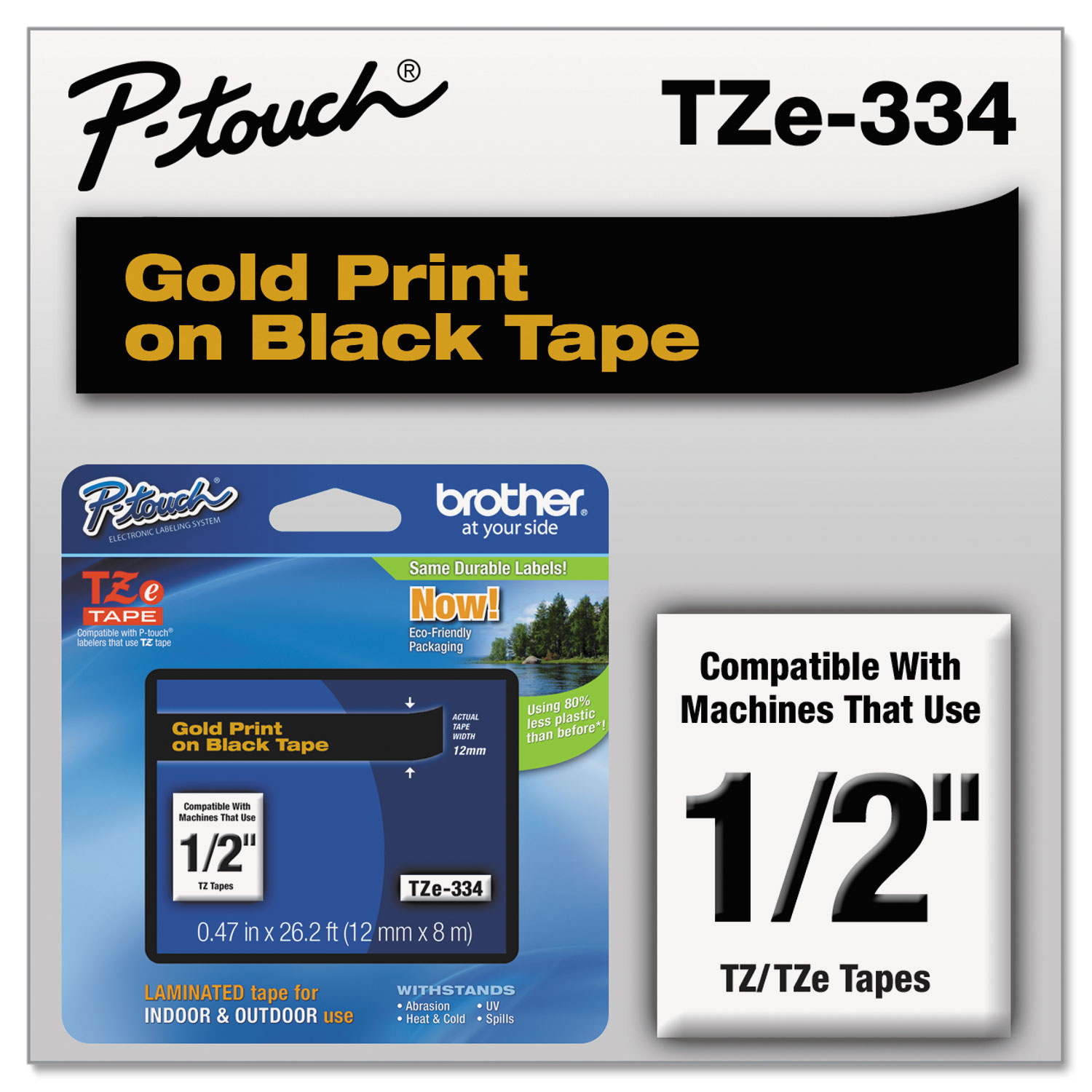 TZe Standard Adhesive Laminated Labeling Tape, 1/2w, Gold on Black