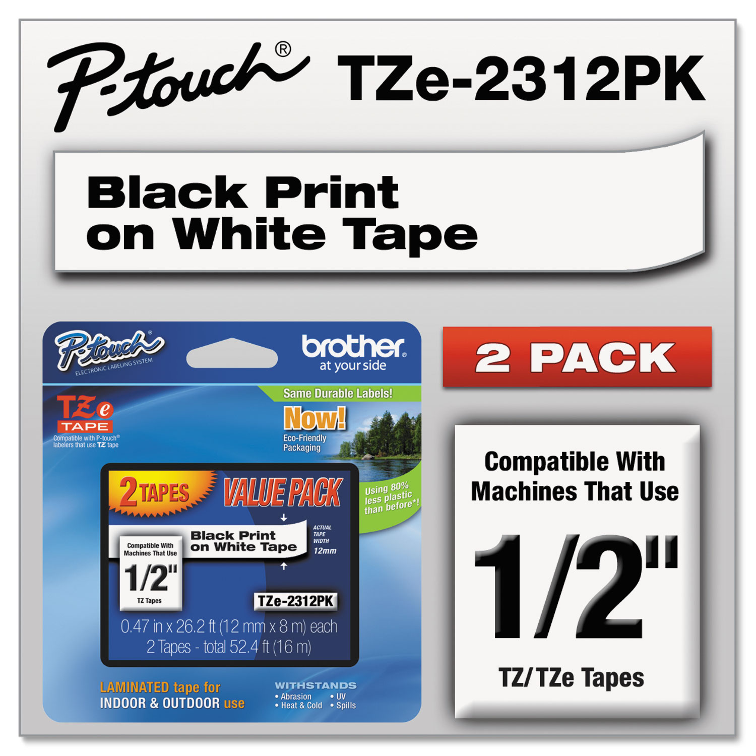  Brother P-Touch TZE2312PK TZe Standard Adhesive Laminated Labeling Tapes, 0.47 x 26.2 ft, Black on White, 2/Pack (BRTTZE2312PK) 