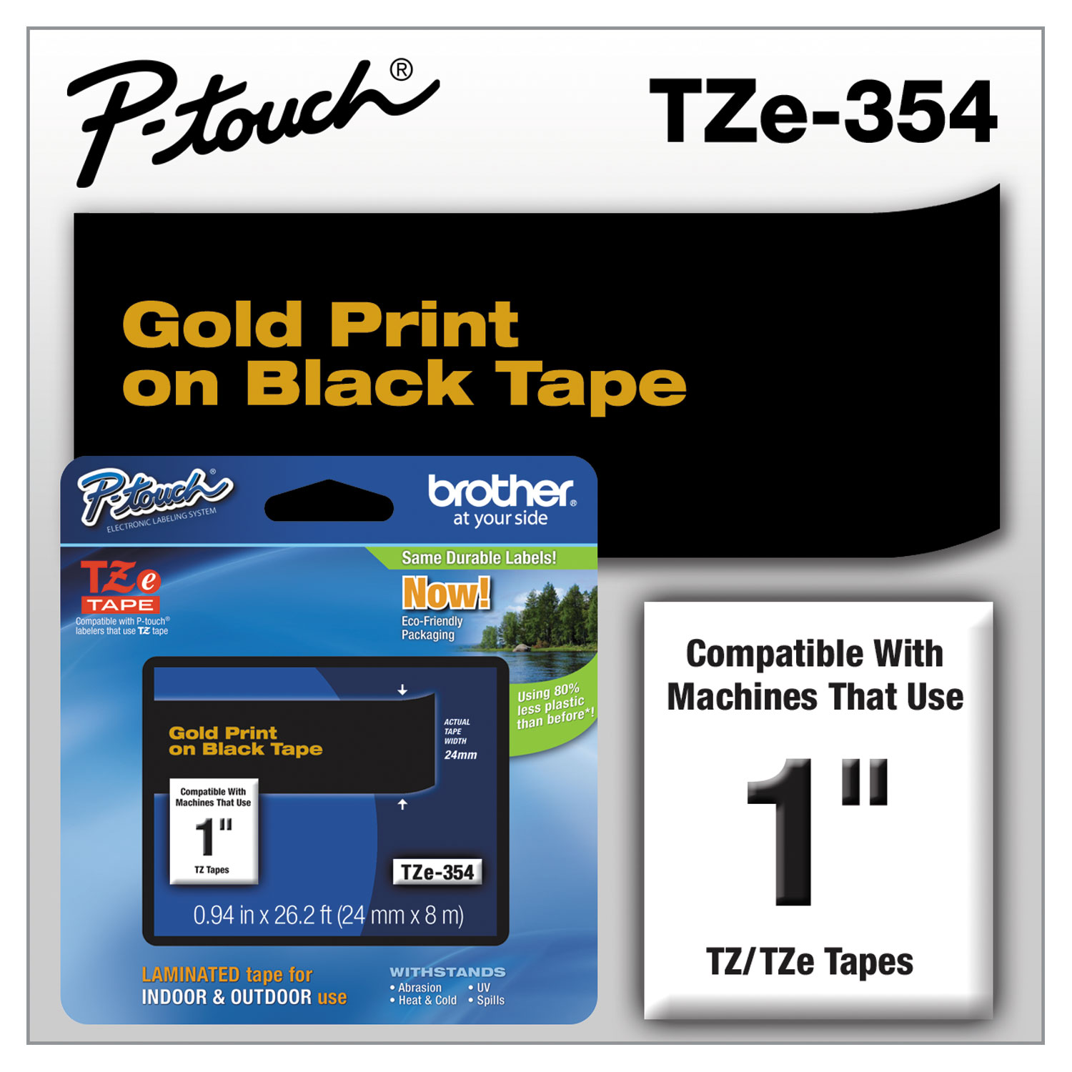  Brother P-Touch TZE354 TZe Standard Adhesive Laminated Labeling Tape, 0.94 x 26.2 ft, Gold on Black (BRTTZE354) 