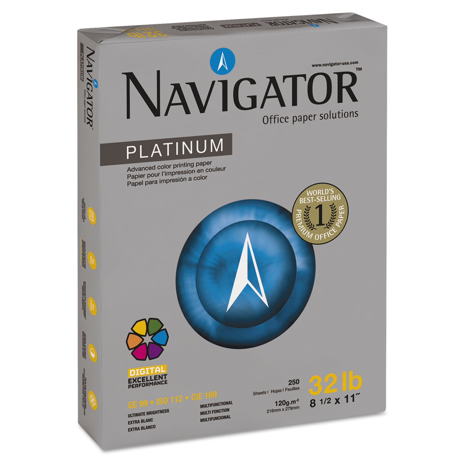  Navigator NPL1132 Platinum Paper, 99 Bright, 32lb, 8.5 x 11, White, 250/Pack (SNANPL1132PK) 