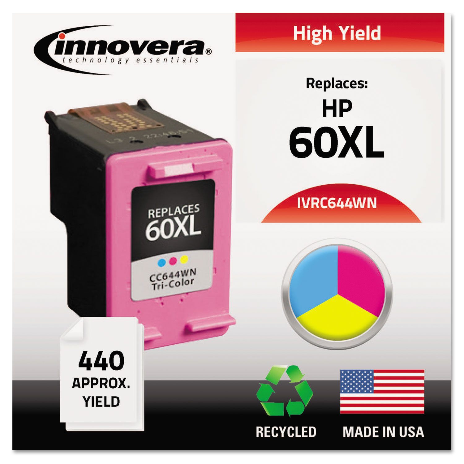  Innovera IVRC644WN Remanufactured CC644WN (60XL) High-Yield Ink, 440 Page-Yield, Tri-Color (IVRC644WN) 