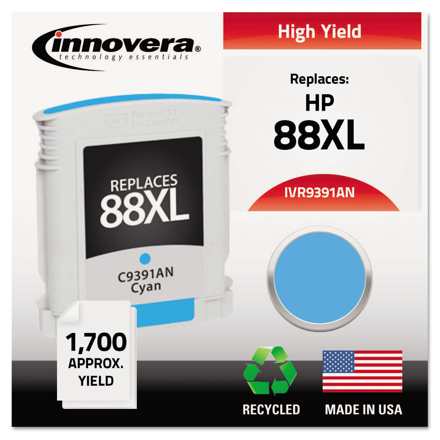 Remanufactured C9391AN (88XL) High-Yield Ink, 1700 Page-Yield, Cyan