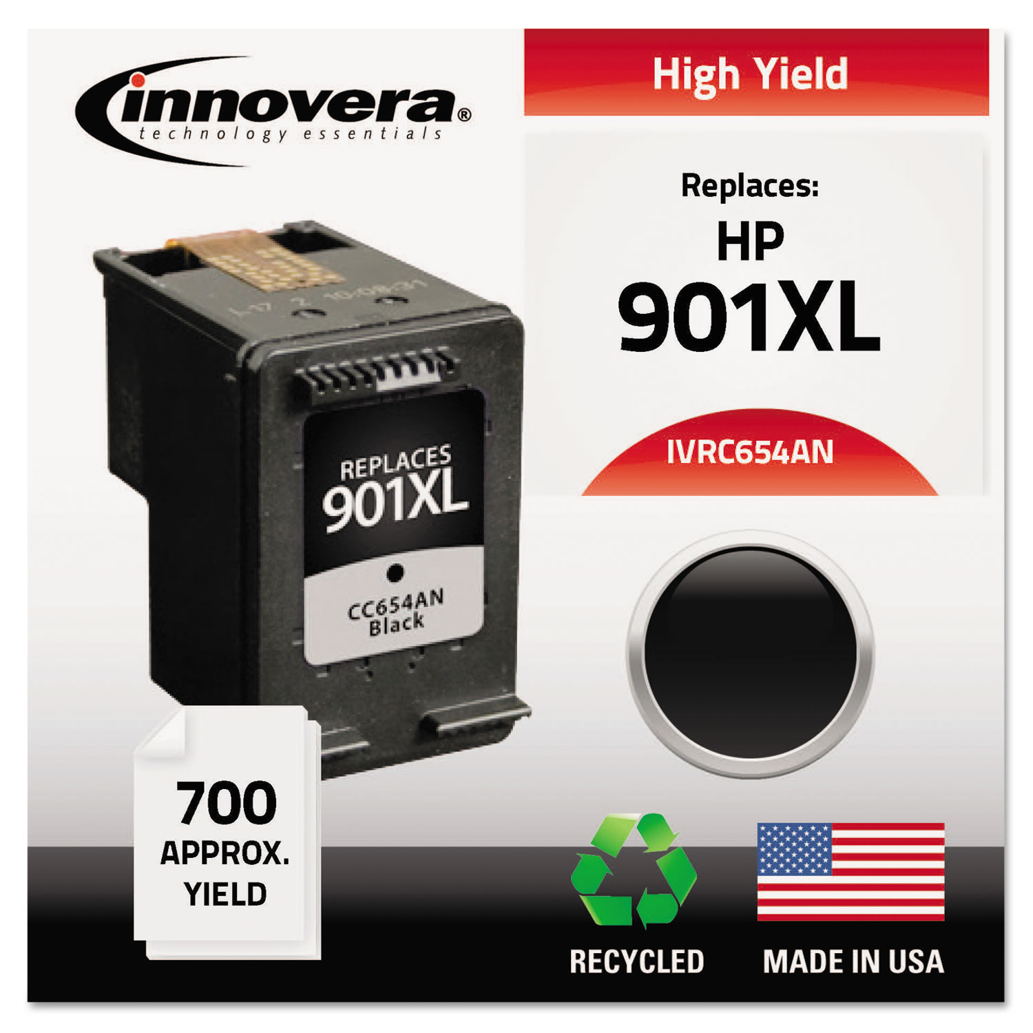  Innovera IVRC654AN Remanufactured CC654AN (901XL) High-Yield Ink, 700 Page-Yield, Black (IVRC654AN) 