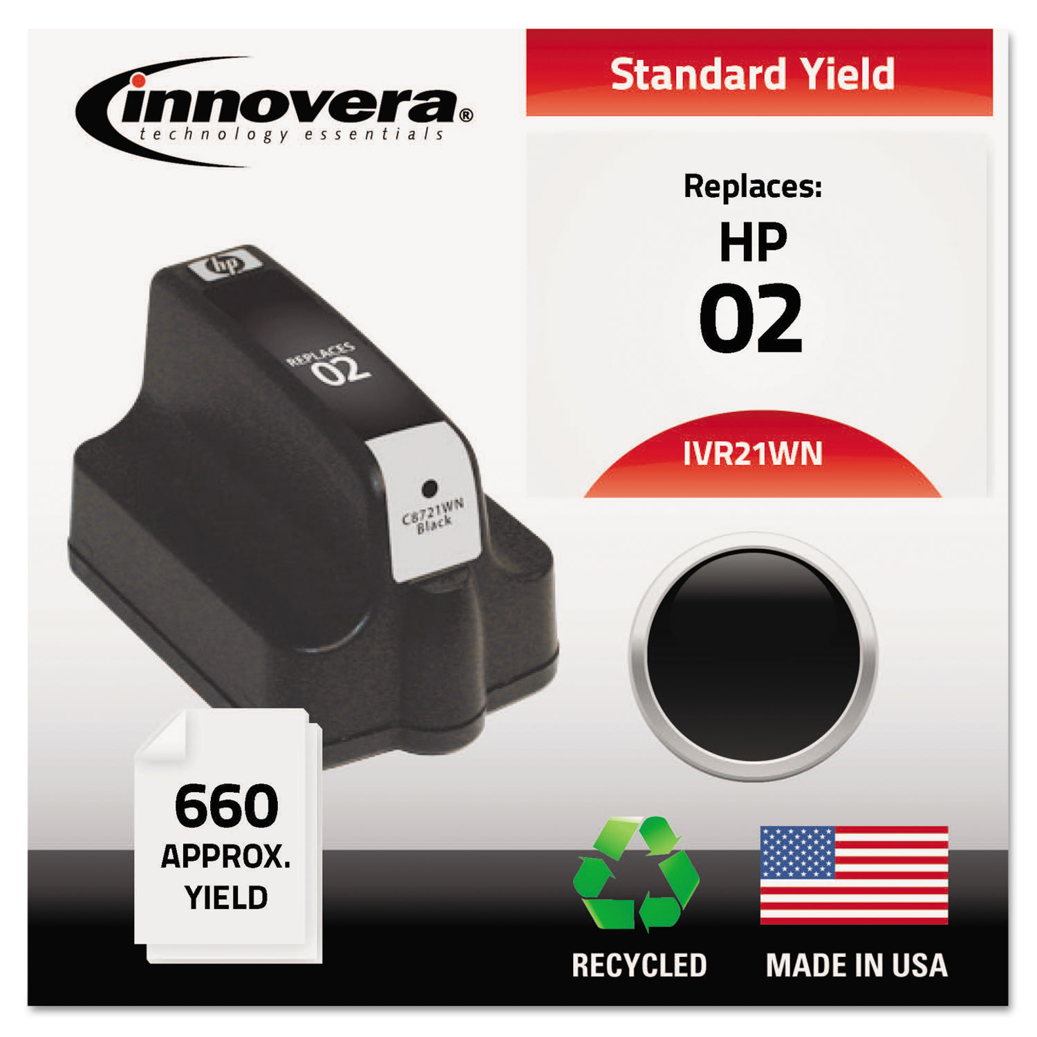  Innovera IVR21WN Remanufactured C8721WN (02) Ink, 660 Page-Yield, Black (IVR21WN) 