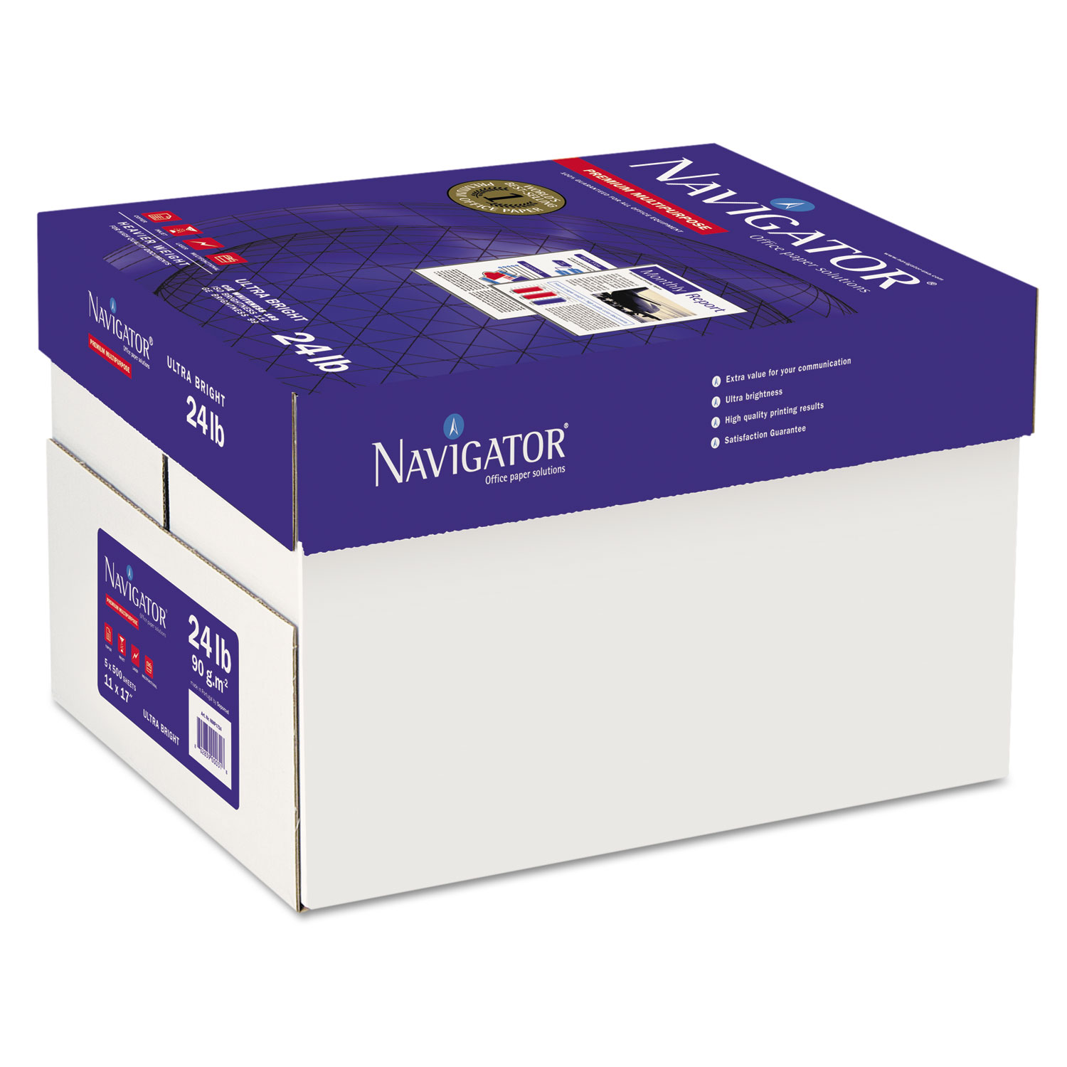  Navigator NMP1724 Premium Multipurpose Copy Paper, 99 Bright, 24lb, 11 x 17, White, 500 Sheets/Ream, 5 Reams/Carton (SNANMP1724) 