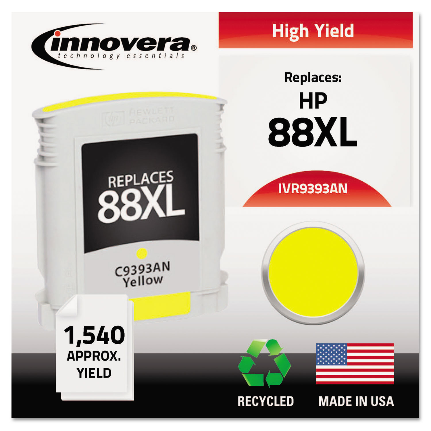  Innovera IVR9393AN Remanufactured C3939AN (88XL) High-Yield Ink, 1540 Page-Yield, Yellow (IVR9393AN) 