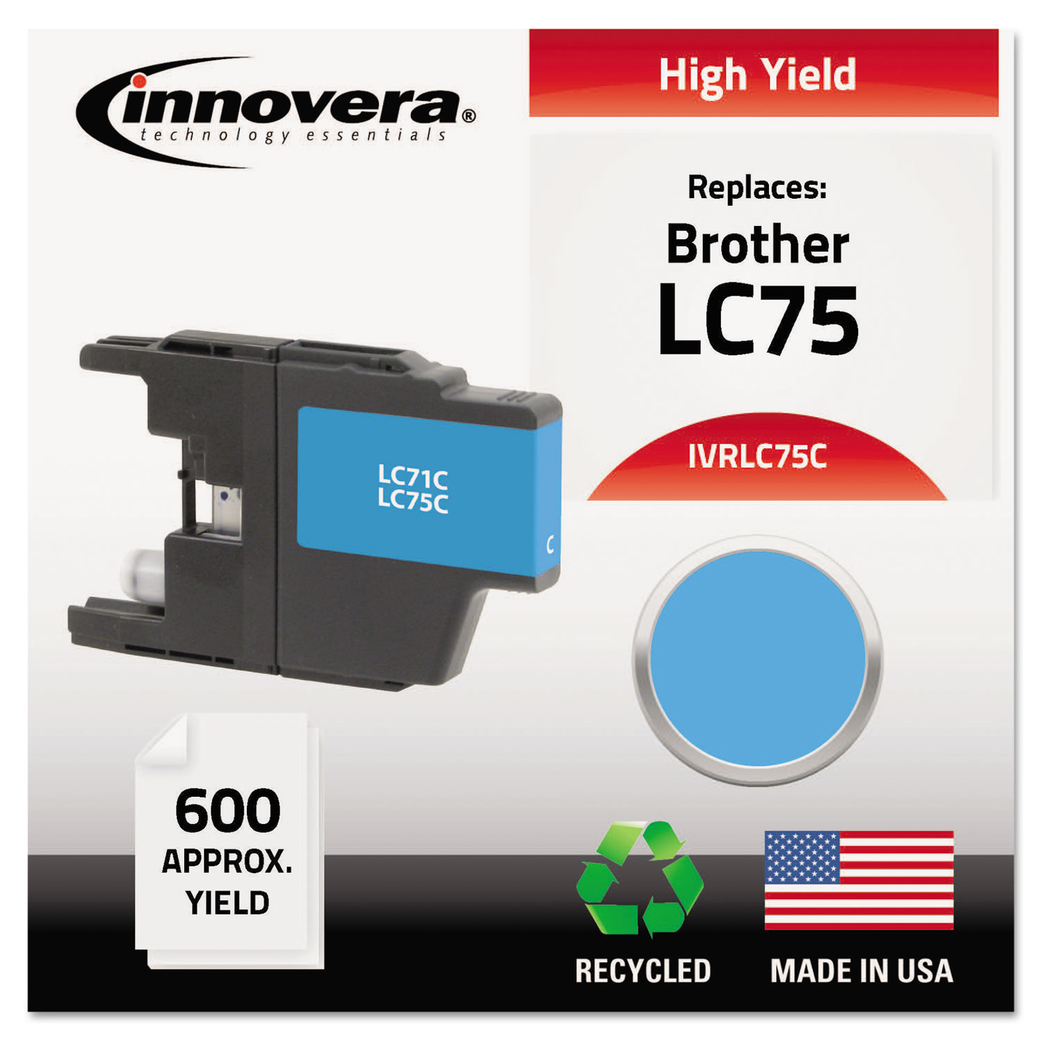  Innovera IVRLC75C Remanufactured LC75C High-Yield Ink, 600 Page-Yield, Cyan (IVRLC75C) 