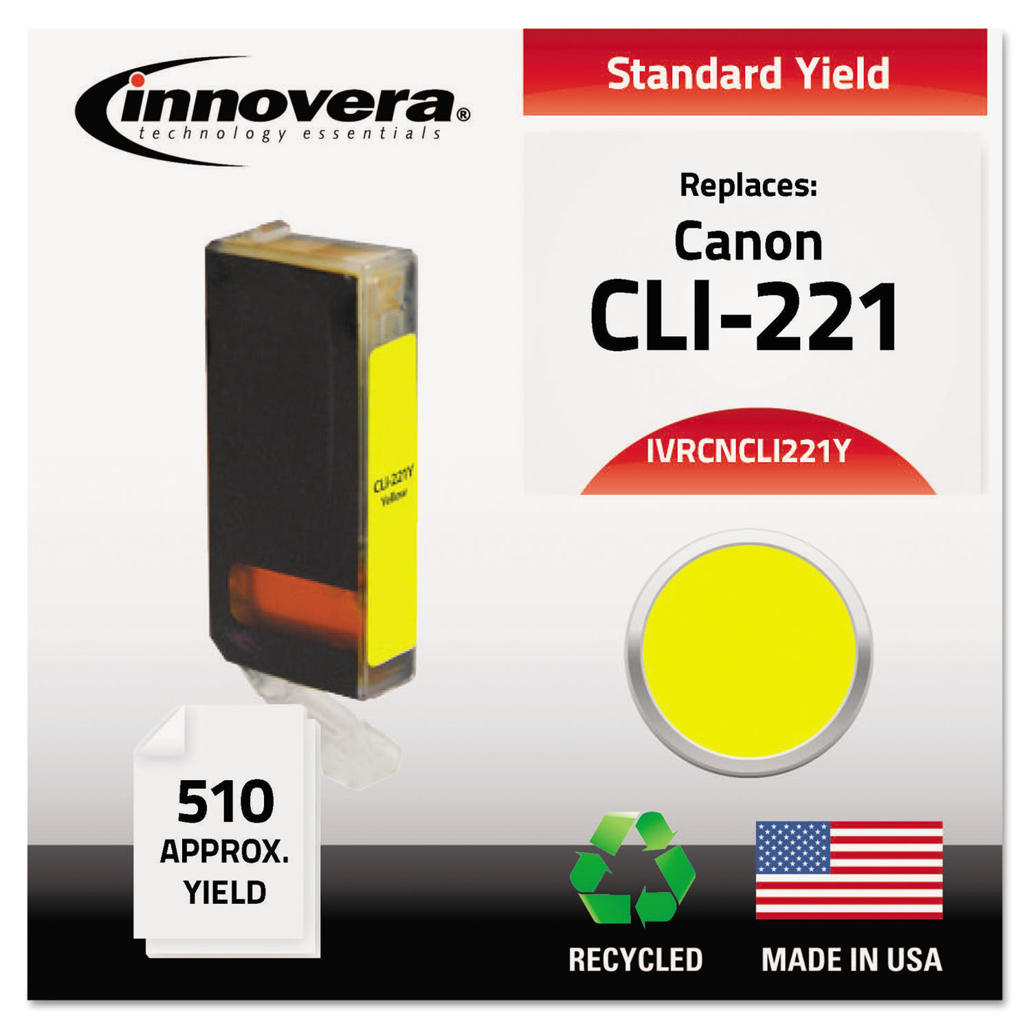  Innovera IVRCNCLI221Y Remanufactured 2949B001 (CLI-221Y) Ink, 510 Page-Yield, Yellow (IVRCNCLI221Y) 