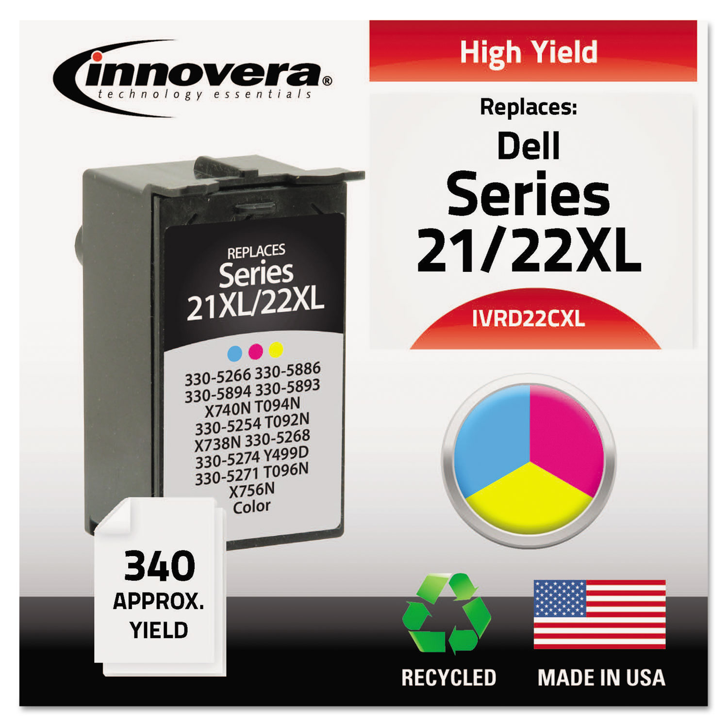  Innovera IVRD22CXL Remanufactured 330-5266 (21XL/22XL) High-Yield Ink, 340 Page-Yield, Tri-Color (IVRD22CXL) 
