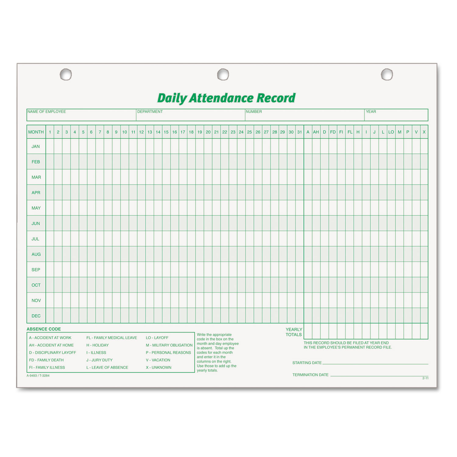 Daily Attendance Card, 8 1/2 x 11, 50 Forms