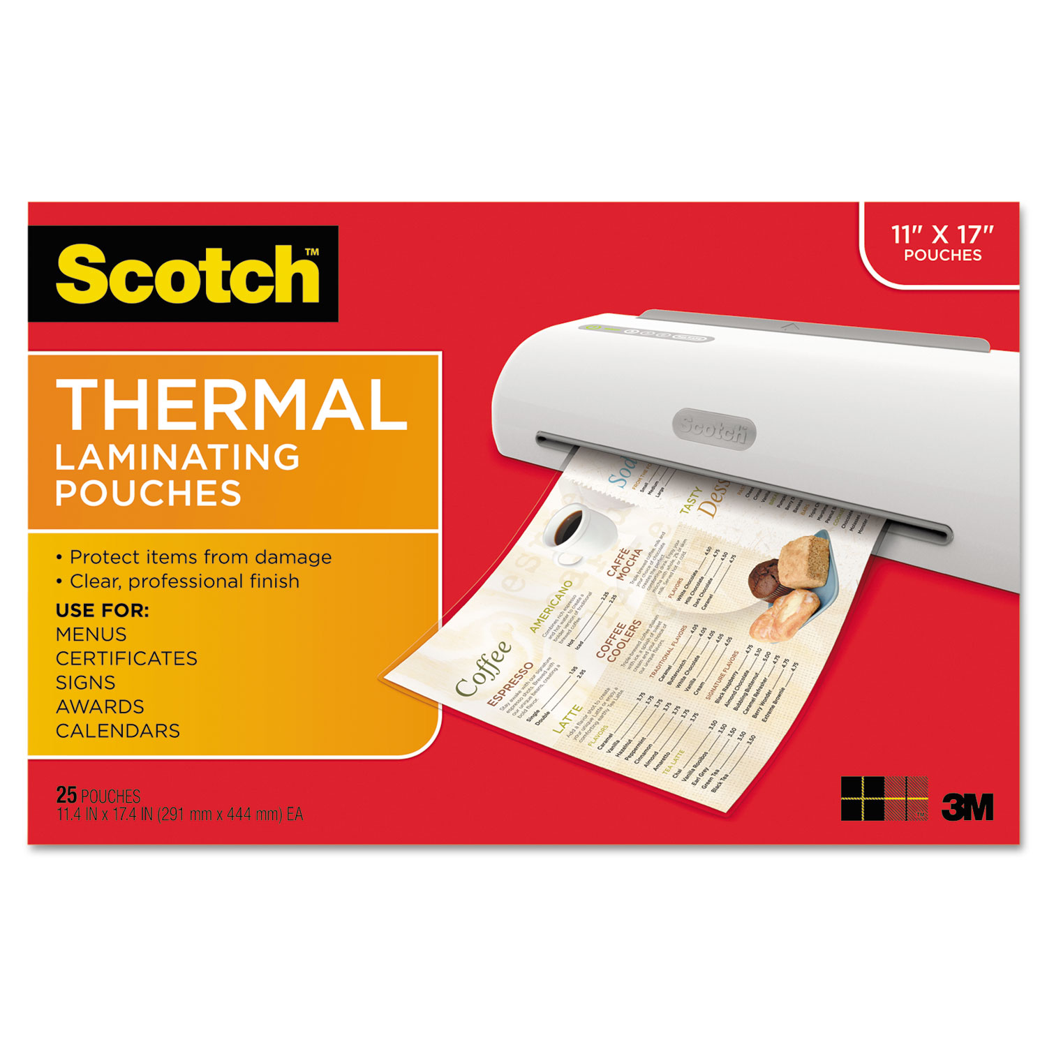  Scotch TP3856-25 Laminating Pouches, 3 mil, 11.5 x 17.5, Gloss Clear, 25/Pack (MMMTP385625) 