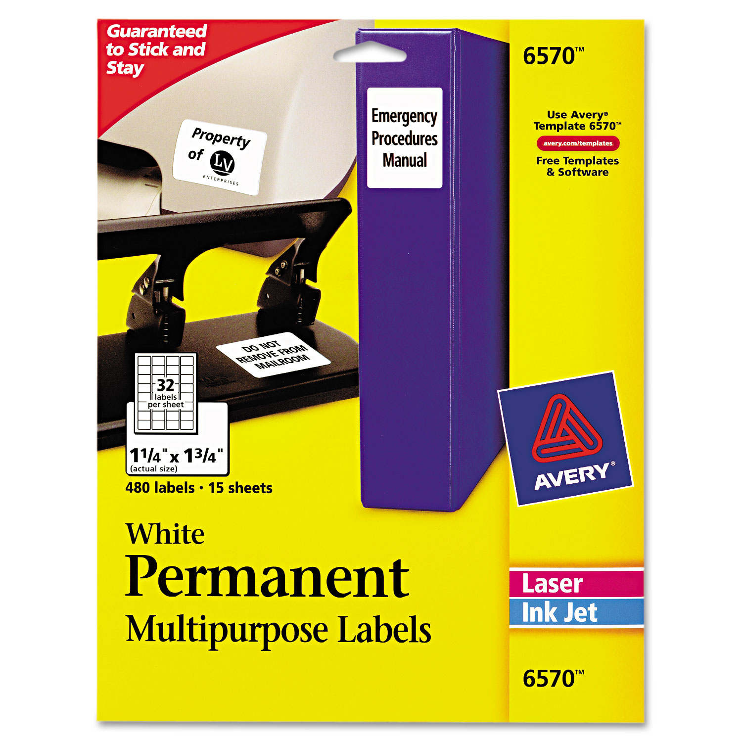  Avery 06570 Permanent ID Labels w/ Sure Feed Technology, Inkjet/Laser Printers, 1.25 x 1.75, White, 32/Sheet, 15 Sheets/Pack (AVE6570) 