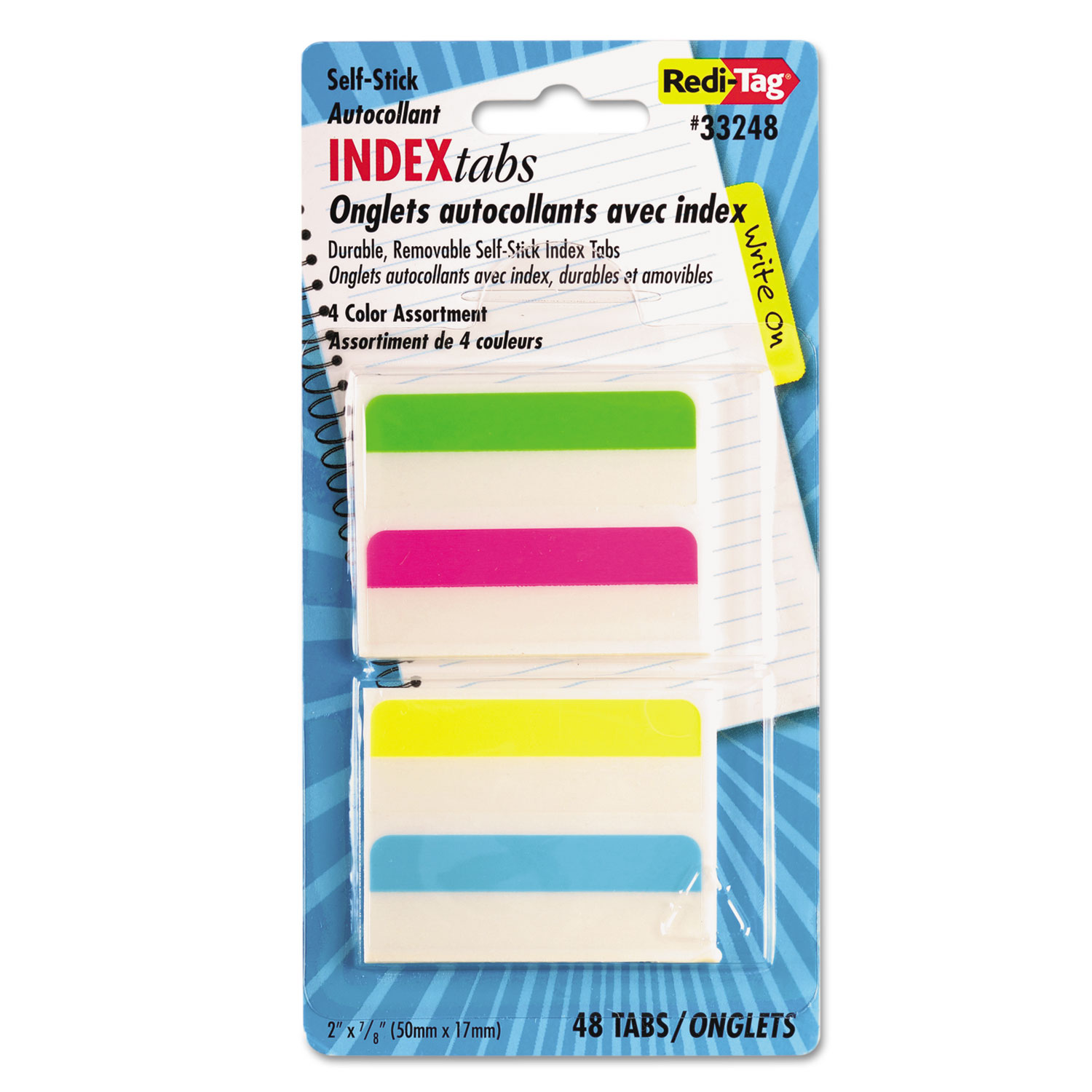  Redi-Tag 33248 Write-On Index Tabs, 1/5-Cut Tabs, Assorted Colors, 2 Wide, 48/Pack (RTG33248) 