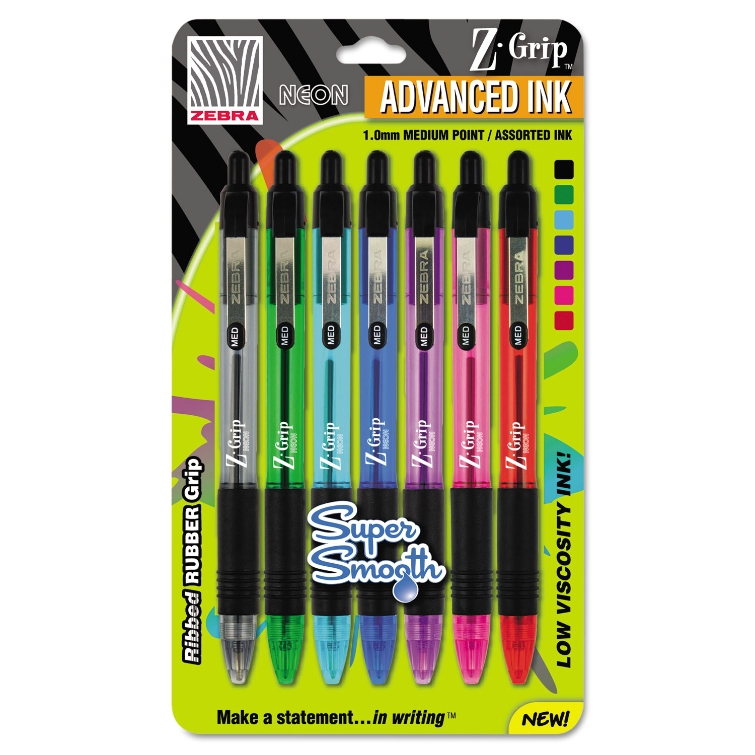 Z-Grip Neon Retractable Ballpoint Pen, 1.0 mm, Medium, Assorted, 7/Set
