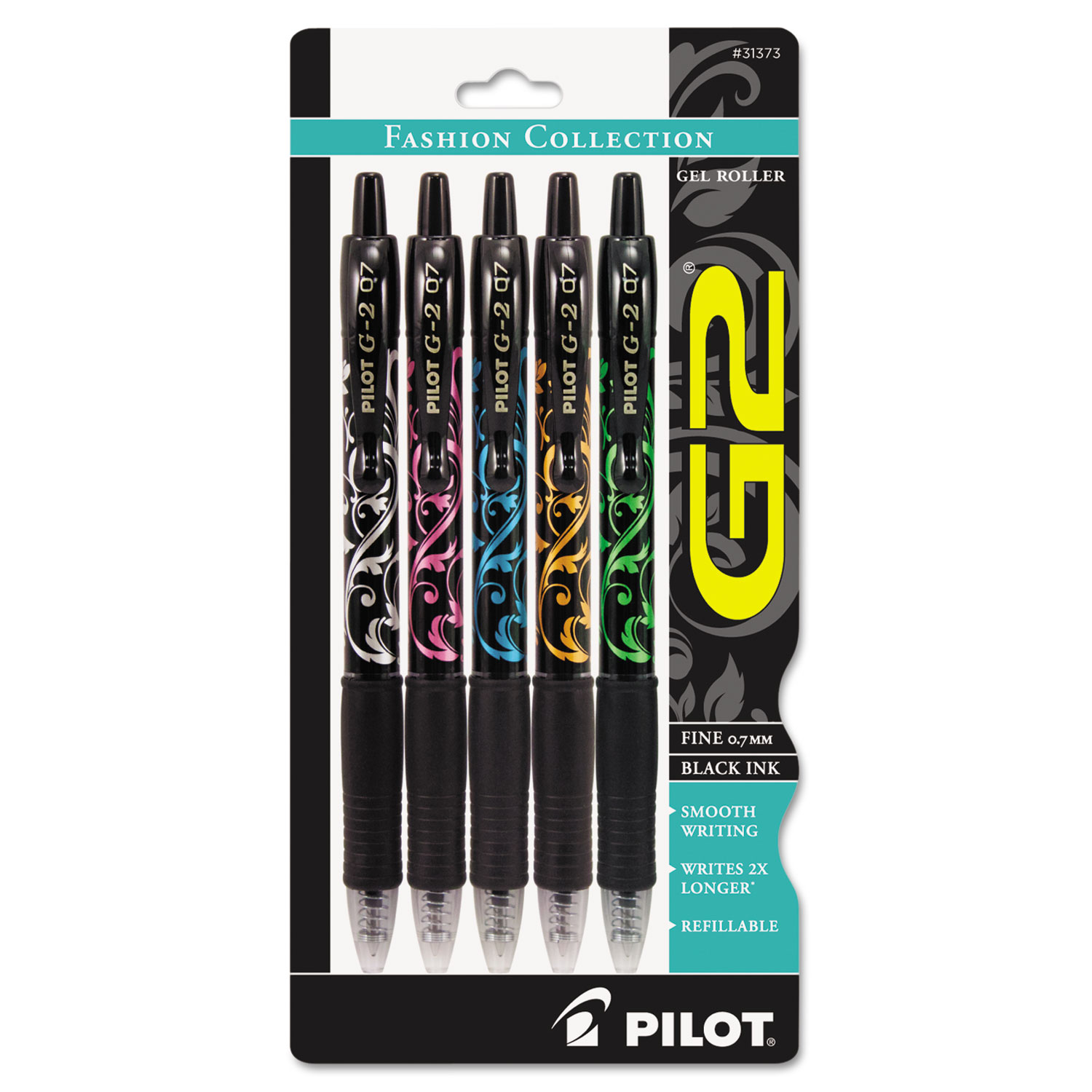 G2 Fashion Premium Retractable Gel Ink Pen, Black Ink/Asst. Barrels, .7mm, 5/Set
