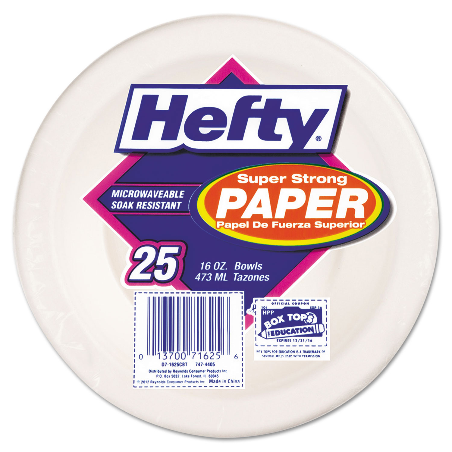  Hefty RFP D71625 Super Strong Paper Dinnerware, 16 oz Bowl, Bagasse, 25/Pack, 12 Packs/Carton (RFPD71625) 