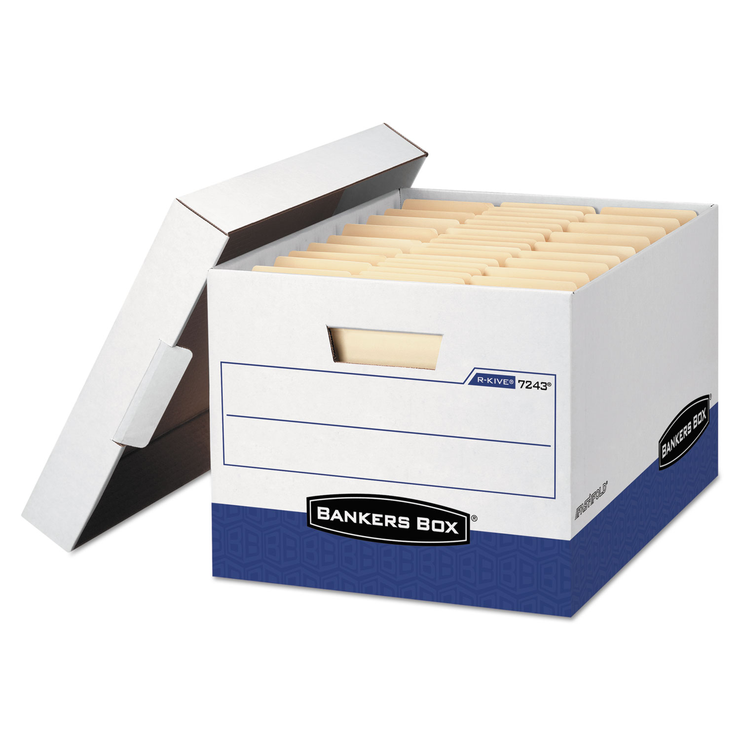 R-KIVE Max Storage Box, Letter/Legal, Locking Lid, White/Blue, 4/Carton