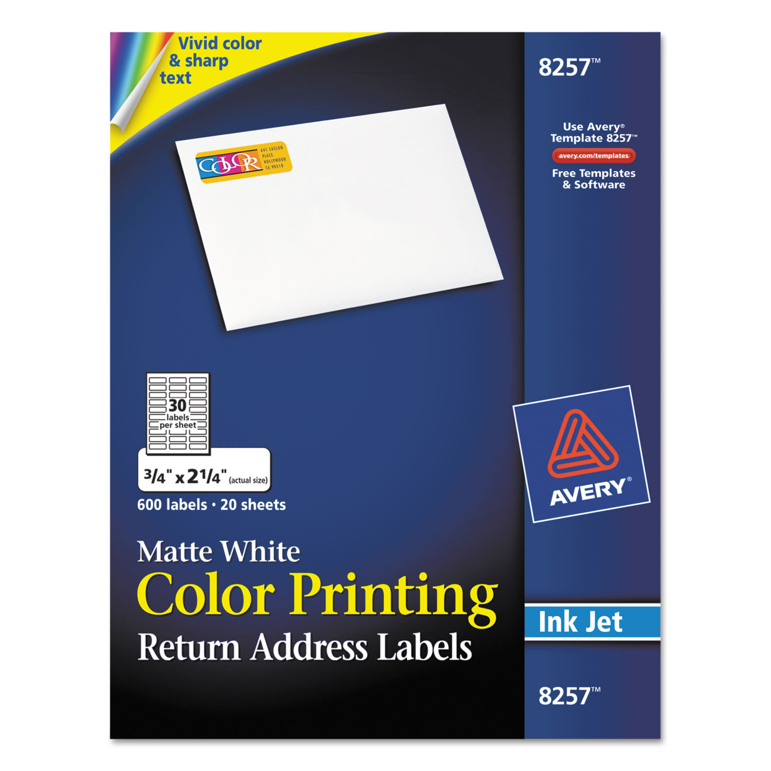  Avery 08257 Vibrant Color Printing Mailing Labels, Inkjet Printers, 0.75 x 2.25, Matte White, 30/Sheet, 20 Sheets/Pack (AVE8257) 