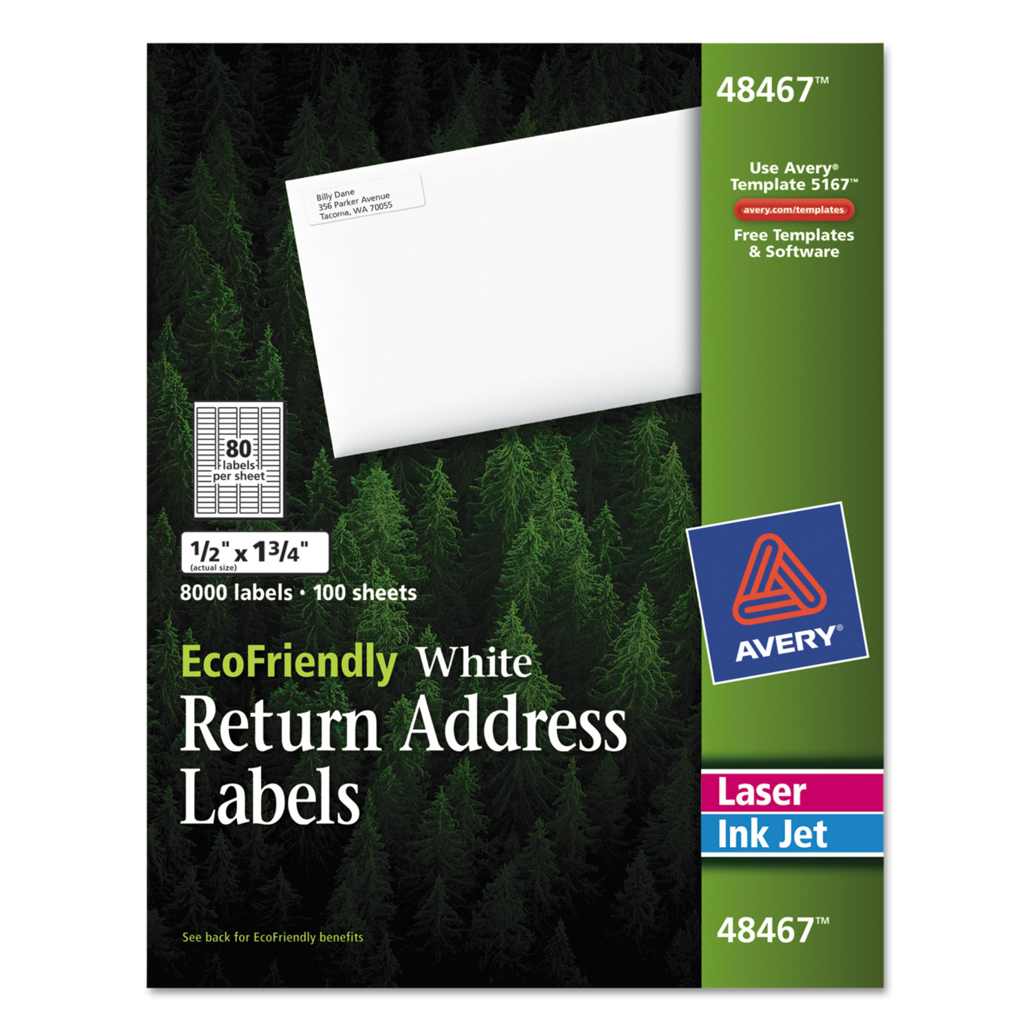  Avery 48467 EcoFriendly Mailing Labels, Inkjet/Laser Printers, 0.5 x 1.75, White, 80/Sheet, 100 Sheets/Pack (AVE48467) 