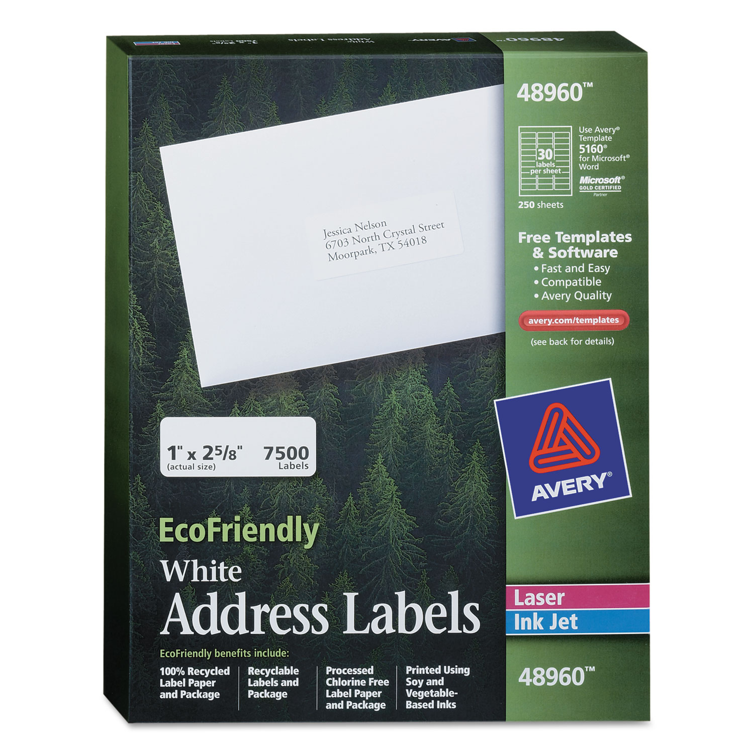  Avery 48960 EcoFriendly Mailing Labels, Inkjet/Laser Printers, 1 x 2.63, White, 30/Sheet, 250 Sheets/Box (AVE48960) 