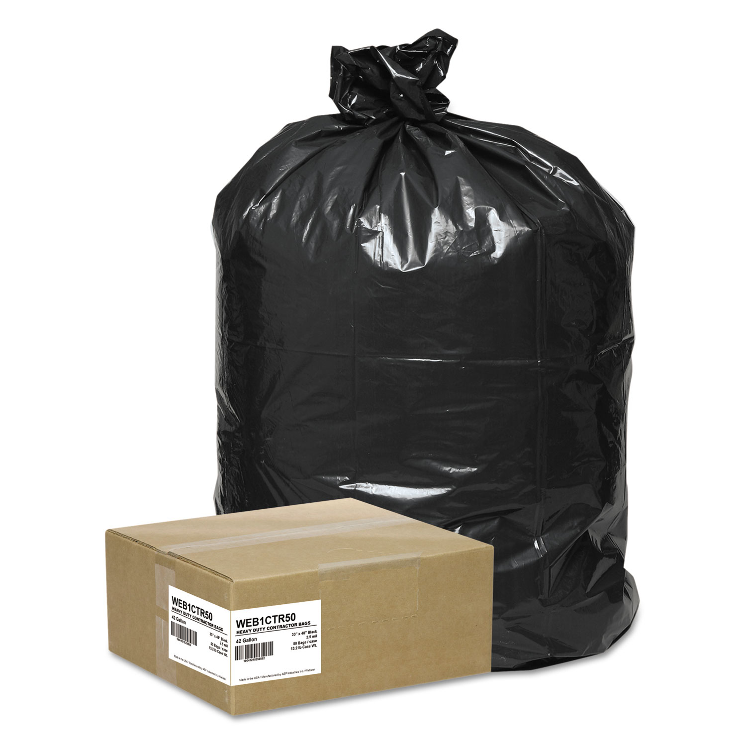  Handi-Bag WEB1CTR50 Super Value Pack Contractor Bags, 42 gal, 2.5 mil, 33 x 48, Black, 50/Carton (WBIWEB1CTR50) 