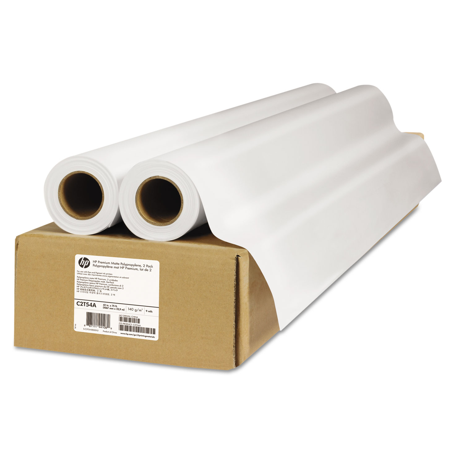  HP C2T54A Premium Matte Polypropylene Paper, 2 Core, 42 x 75 ft, Matte White, 2/Pack (HEWC2T54A) 