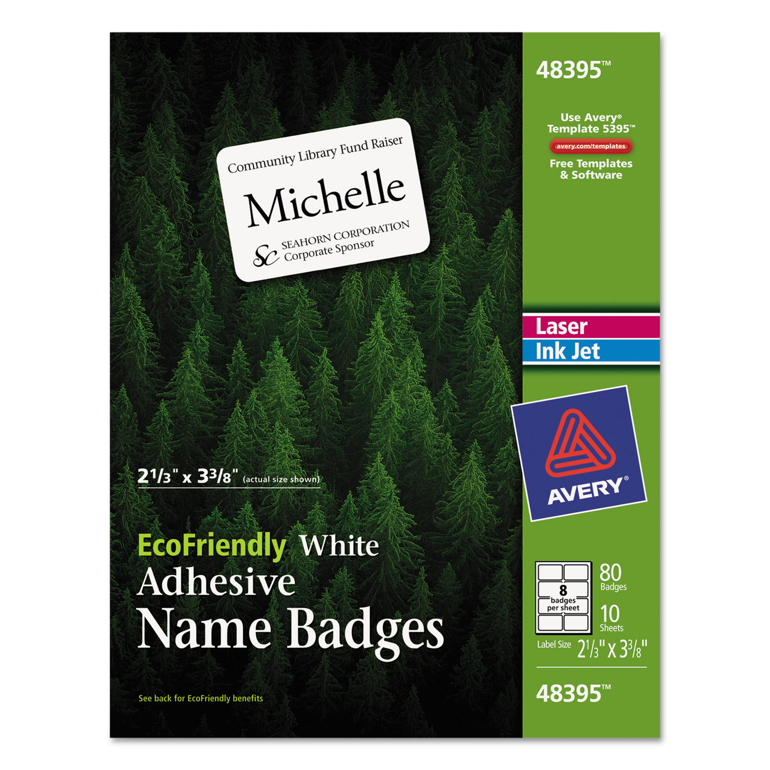  Avery 48395 EcoFriendly Adhesive Name Badge Labels, 3.38 x 2.33, White, 80/Pack (AVE48395) 