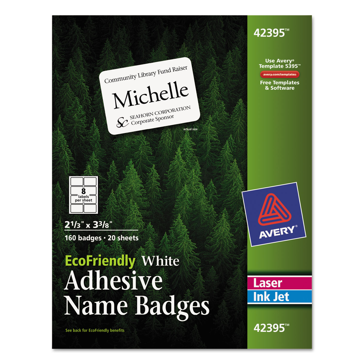  Avery 42395 EcoFriendly Adhesive Name Badge Labels, 3.38 x 2.33, White, 160/Box (AVE42395) 