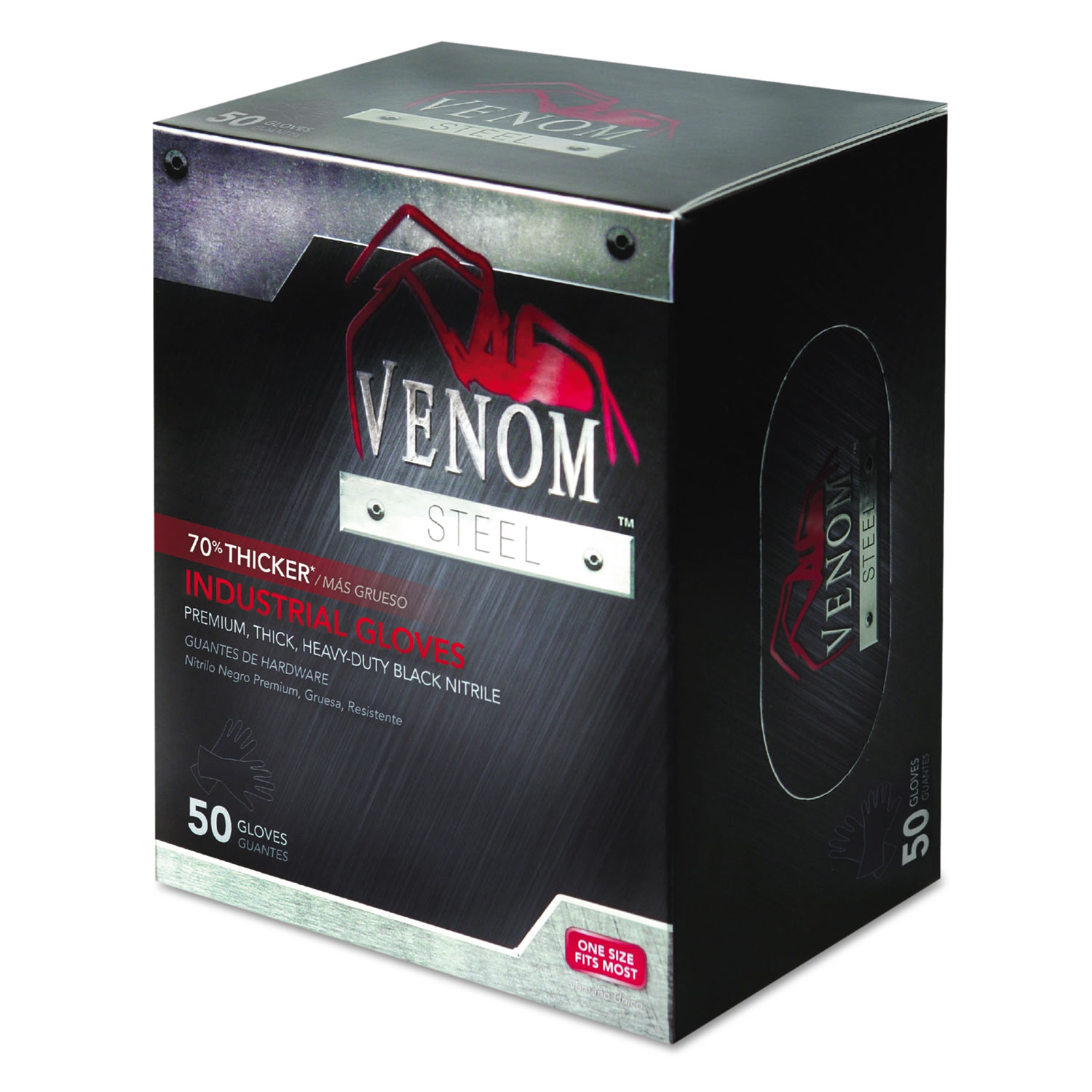  Medline VEN6045N Venom Steel Industrial Nitrile Gloves, Large, Black, Powder-Free, 50/Box (MIIVEN6045N) 