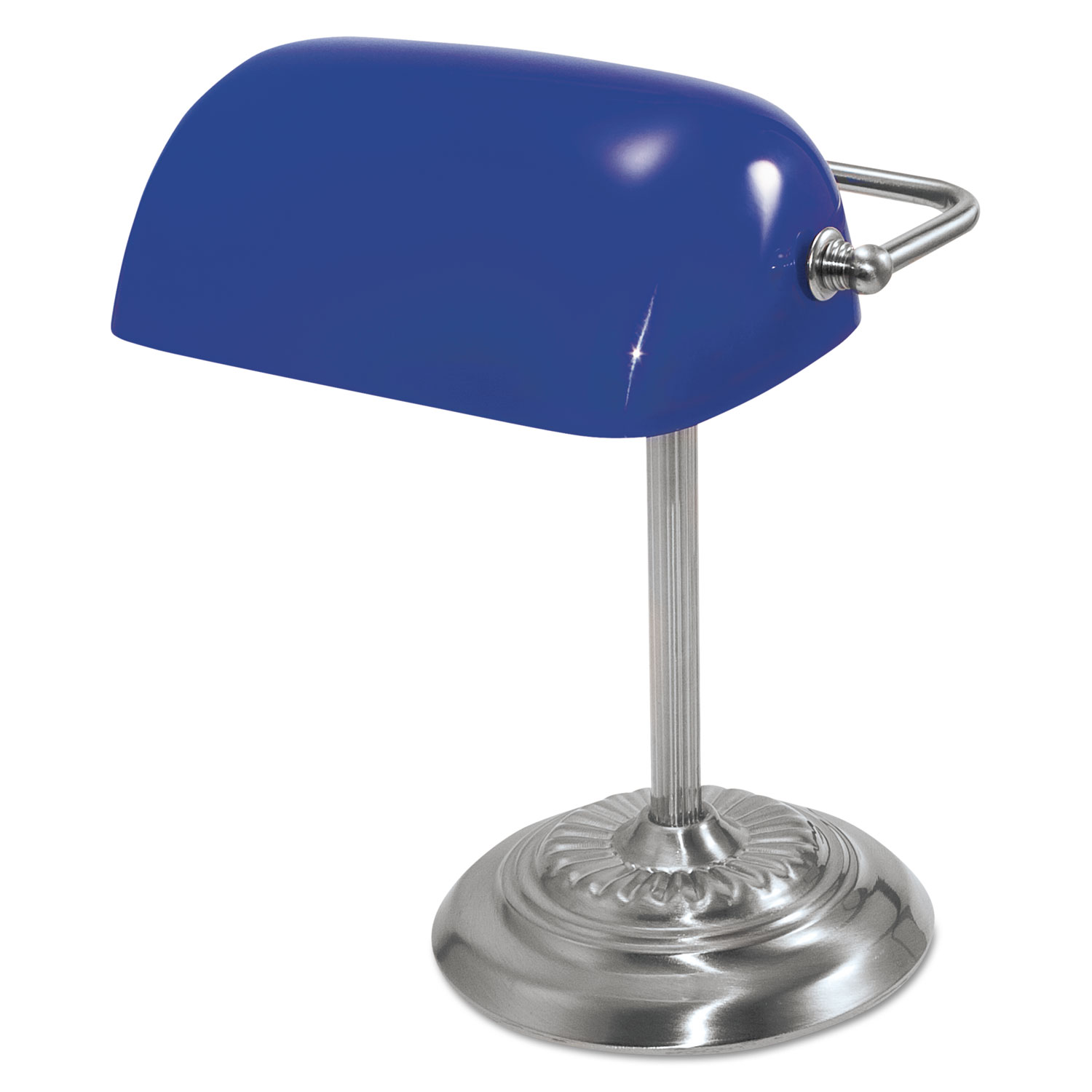 Traditional Incandescent Bankers Lamp, Blue Glass Shade, 13h, Chrome Base