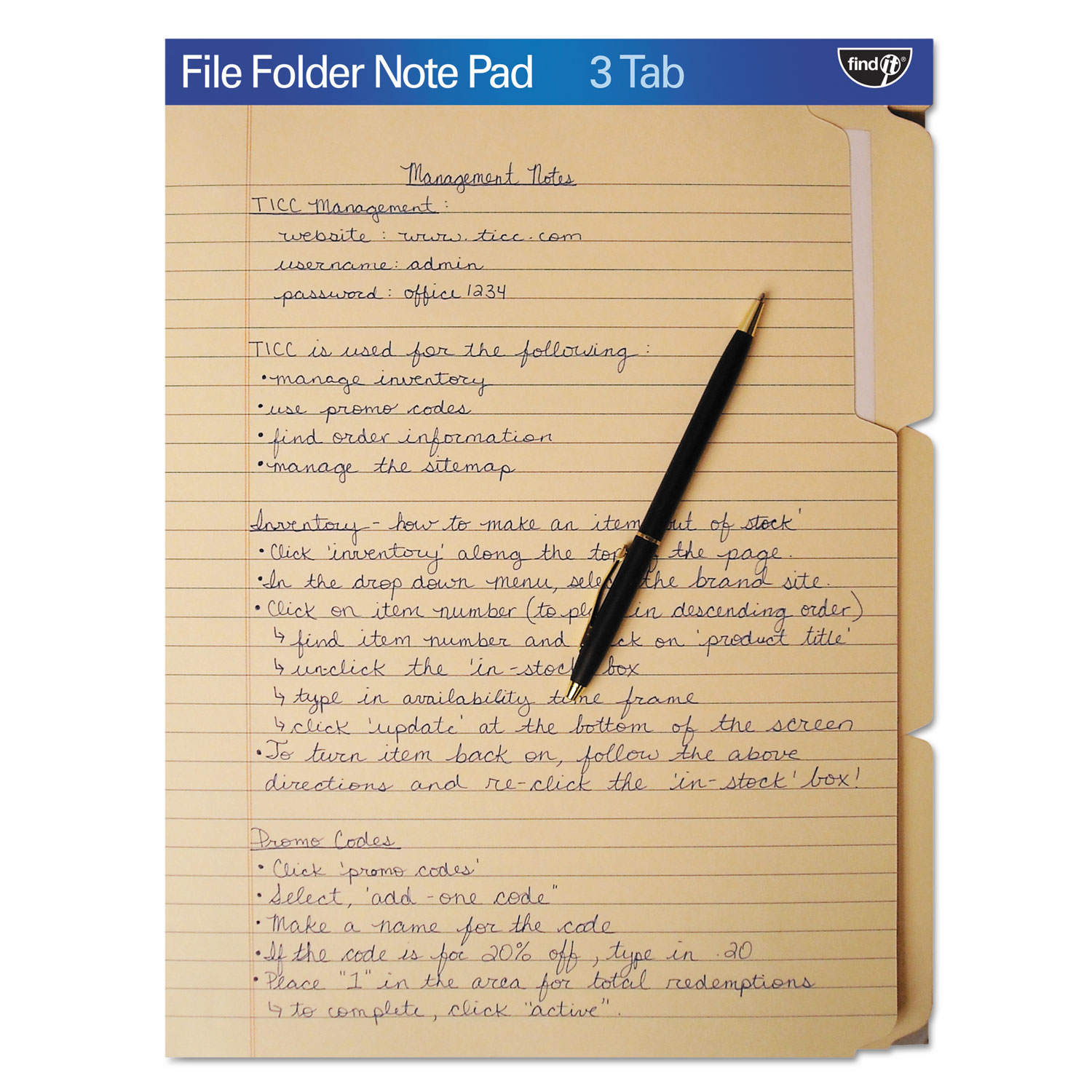  find It FT07210 File Folder Note Pad, 1/3-Cut Tabs, Letter Size, Manila (IDEFT07210) 