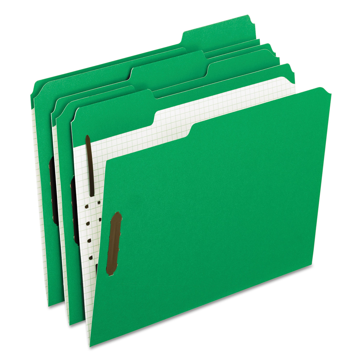 Colored Folders With Embossed Fasteners, 1/3 Cut, Letter, Green/Grid Interior
