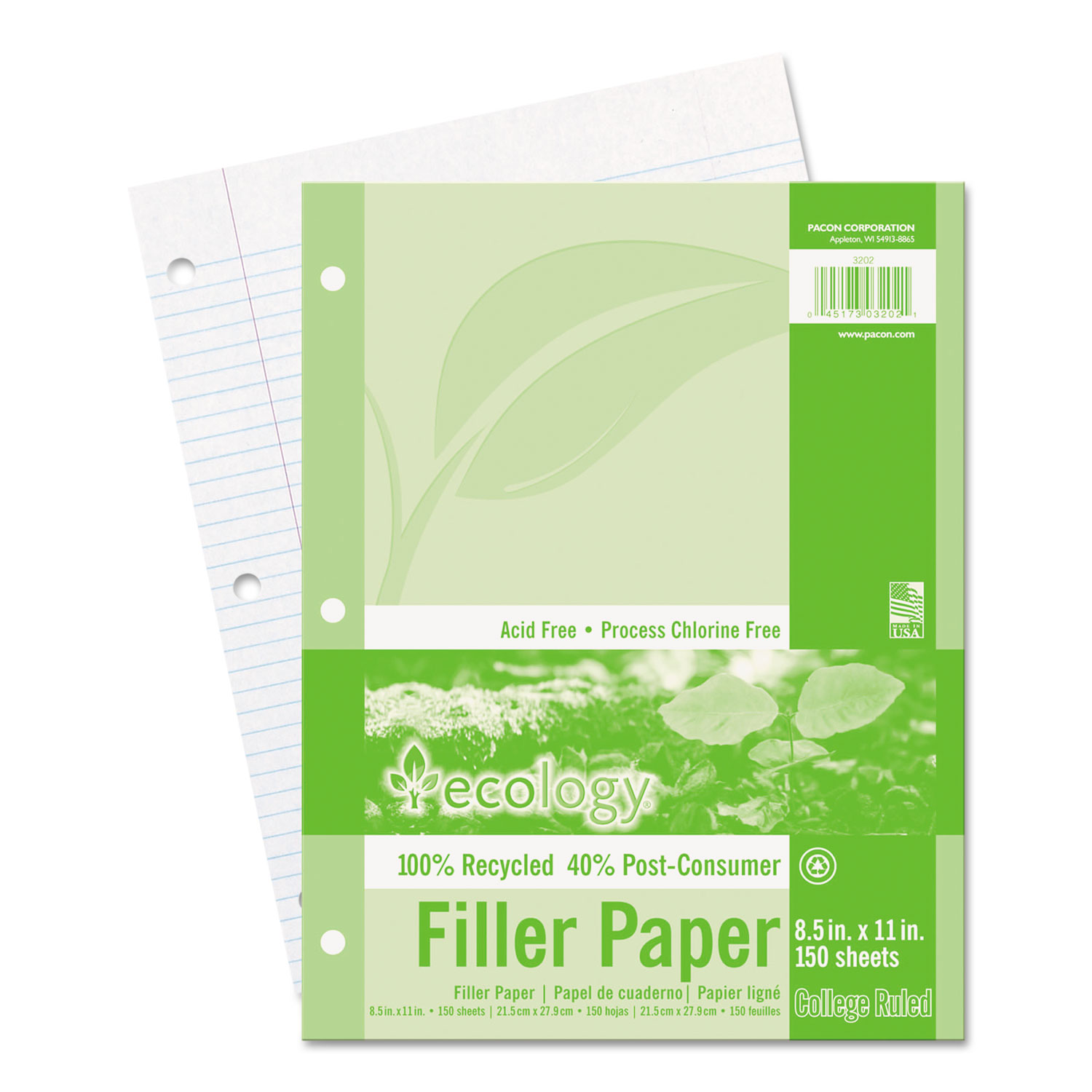 Ecology Filler Paper, 3-Hole, 8.5 x 11, Medium/College Rule, 150/Pack