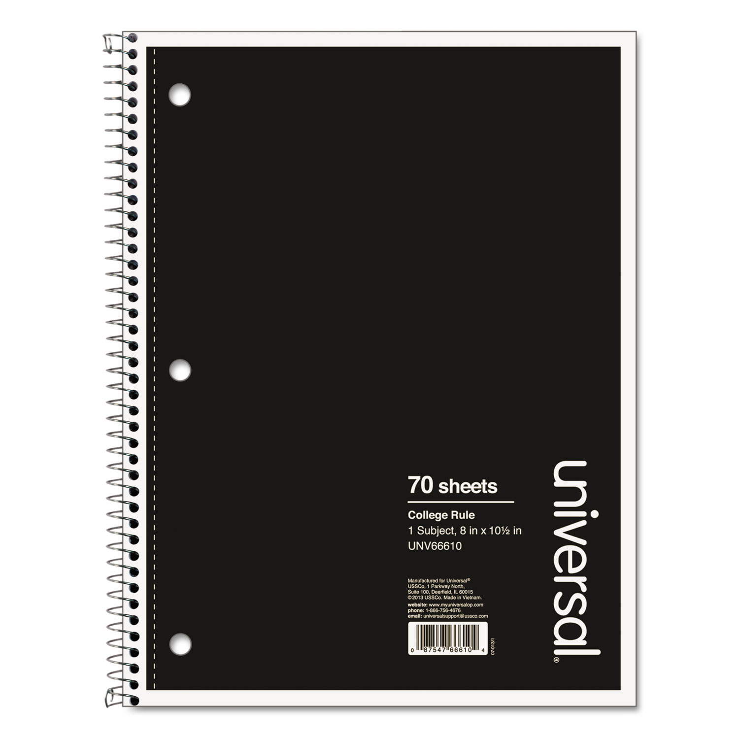  Universal UNV66610 Wirebound Notebook, 1 Subject, Medium/College Rule, Black Cover, 10.5 x 8, 70 Sheets (UNV66610) 