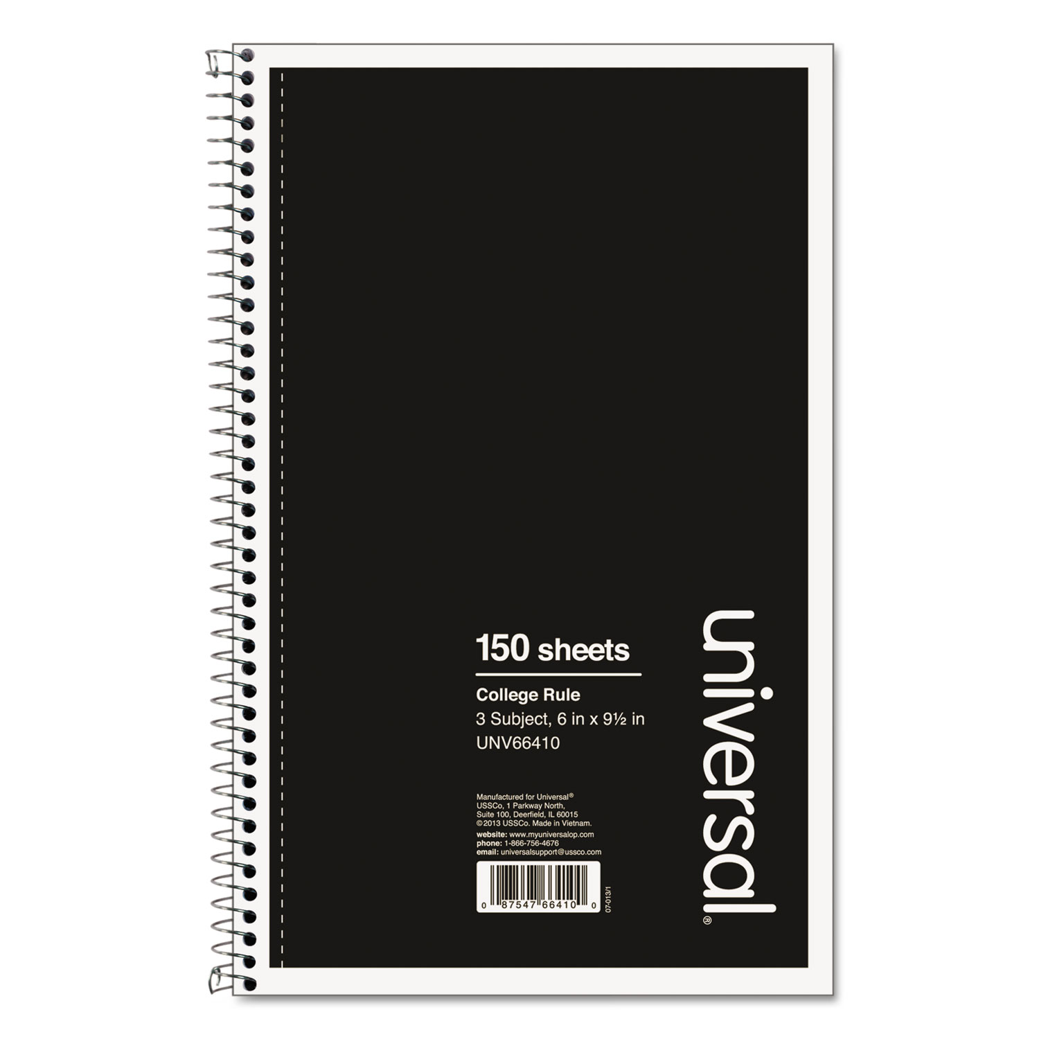 3 Sub. Wirebound Notebook, 9 1/2 x 6, College Rule, 120 Sheets, Black Cover