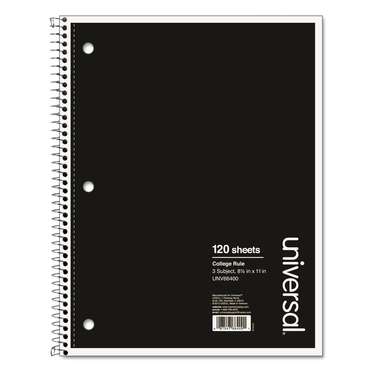 Wirebound Notebook, 3 Subjects, Medium/College Rule, Black Cover, 11 x 8.5, 120 Pages