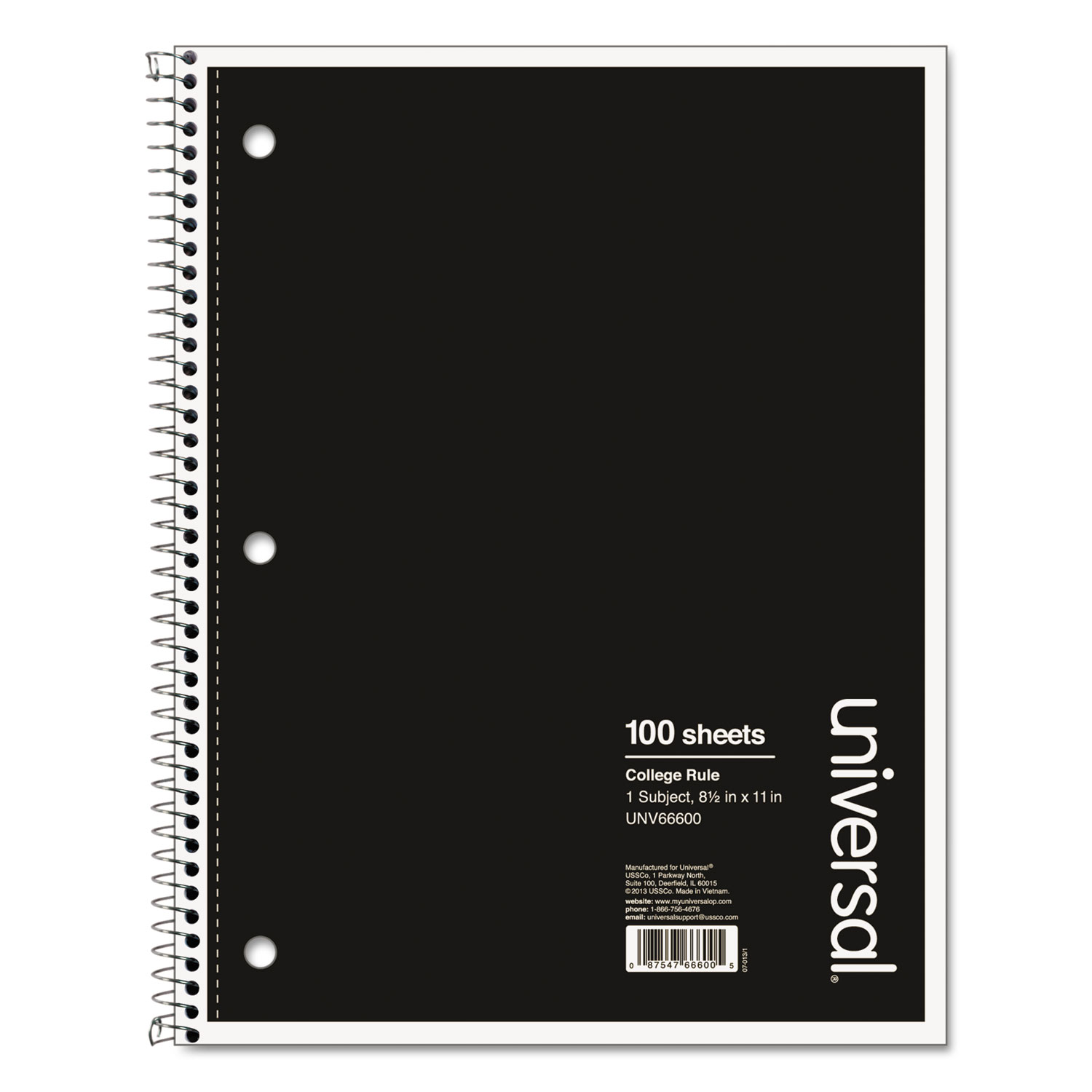  Universal UNV66600 Wirebound Notebook, 1 Subject, Medium/College Rule, Black Cover, 11 x 8.5, 100 Sheets (UNV66600) 