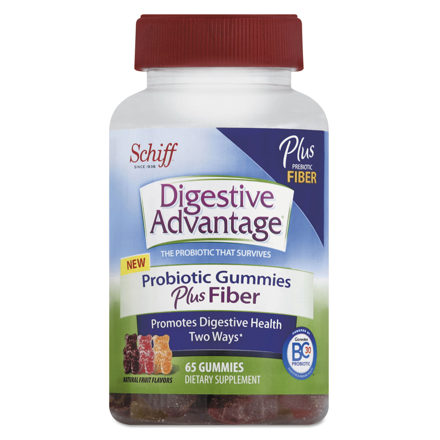 Probiotic Gummies Plus Fiber, Natural Fruit Flavors, 65 Count