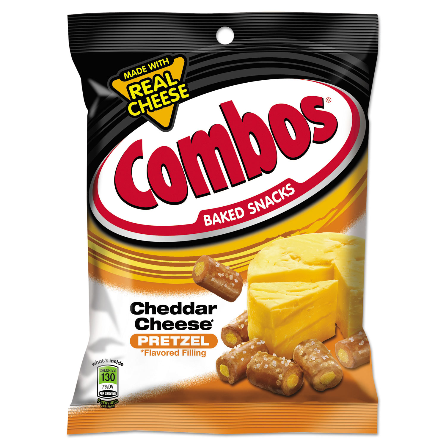 Combos Baked Snacks, 6.3 oz Bag, Cheddar Cheese Pretzel, 12/Carton