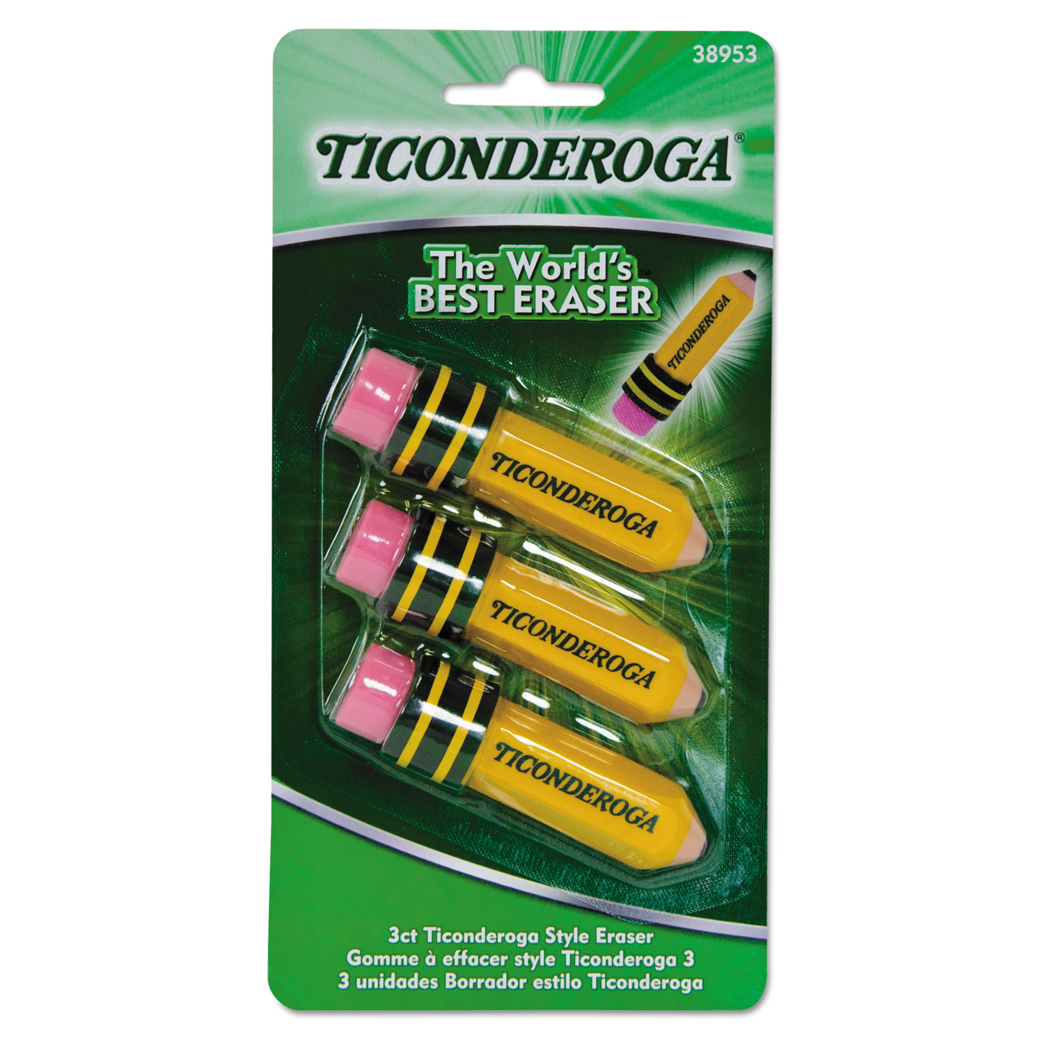  Ticonderoga 38953 Pencil-Shaped Eraser, Small, Yellow/Green/Red, Latex-Free Polymer, 3/Pack (DIX38953) 