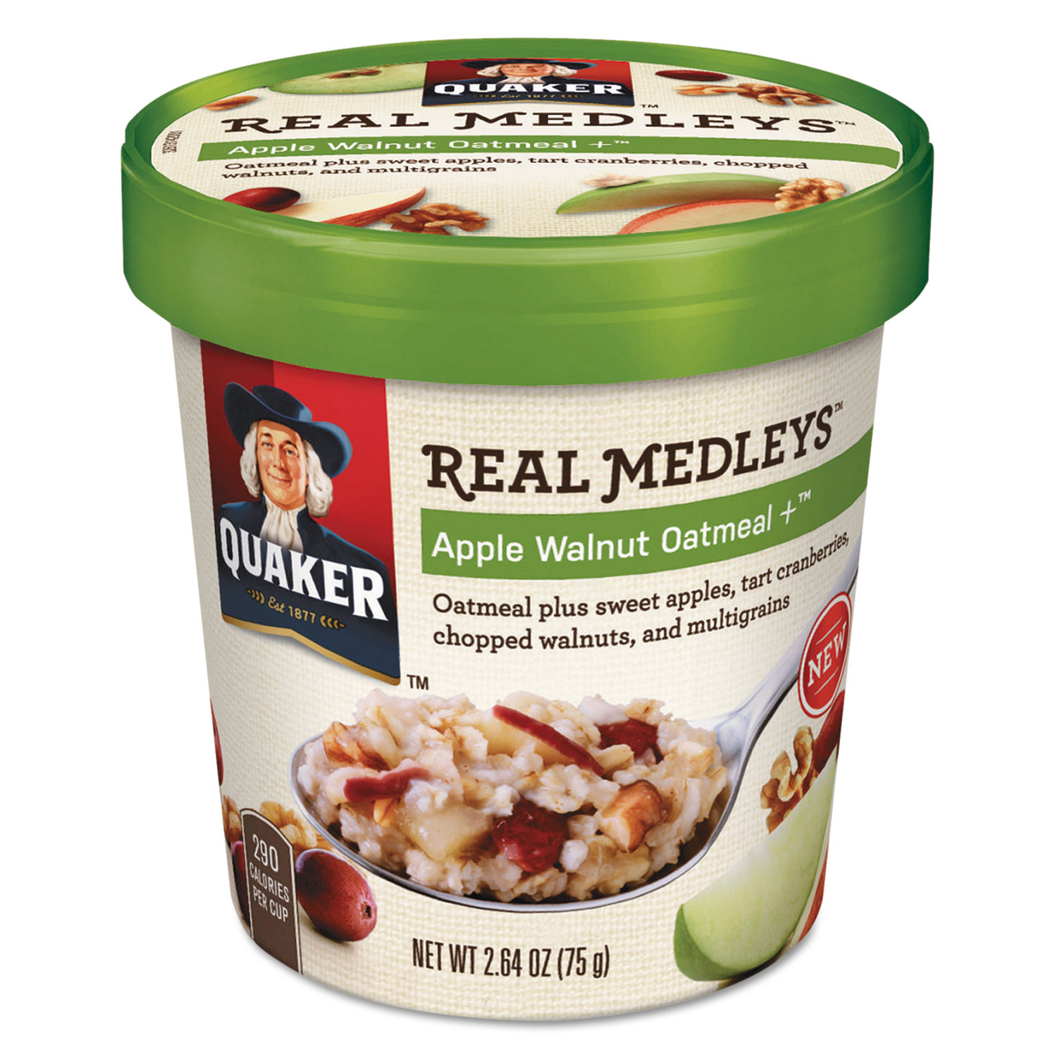  Quaker 030000315507 Real Medleys Oatmeal, Apple Walnut Oatmeal+, 2.64oz Cup, 12/Carton (QKR15504) 