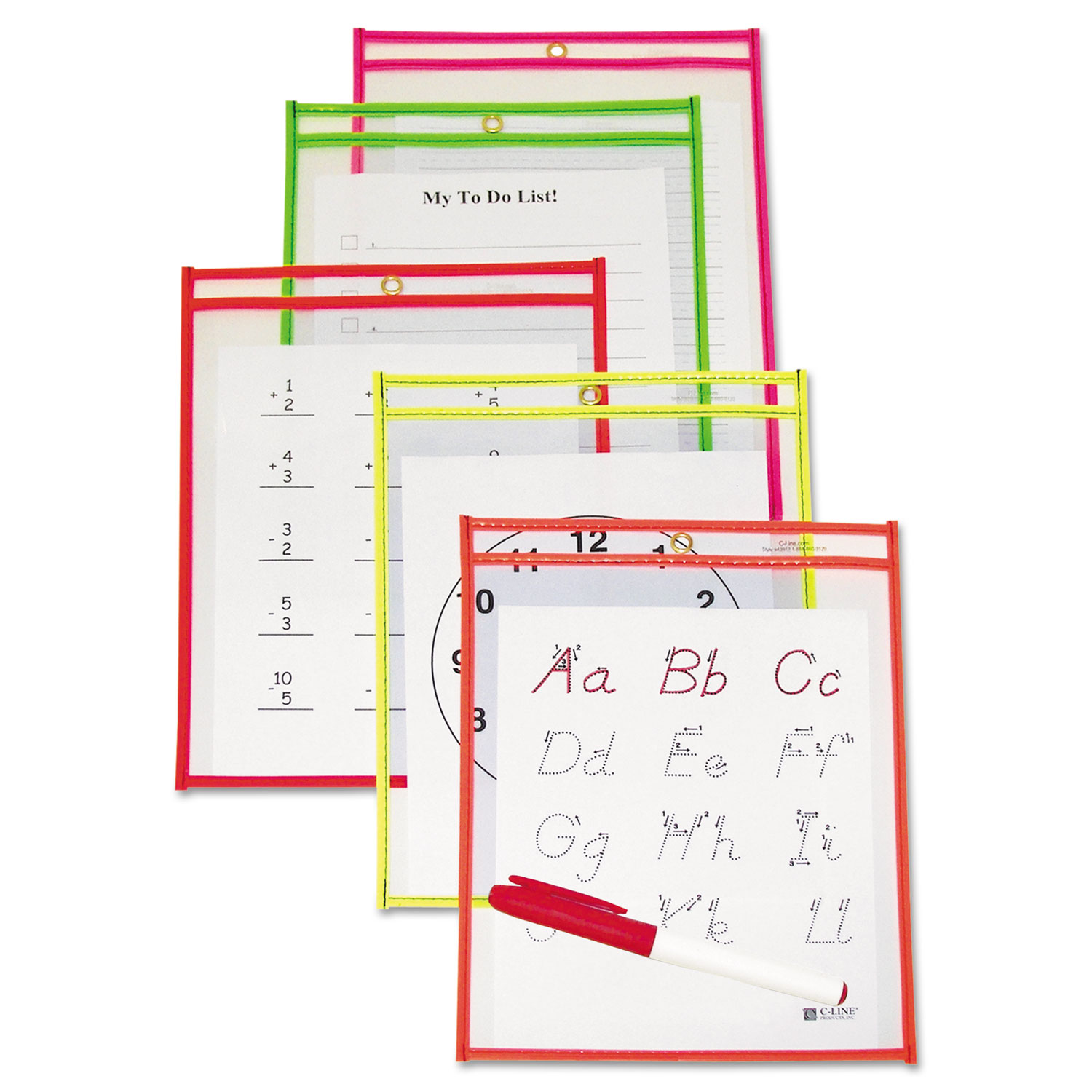 Reusable Dry Erase Pockets, 6 x 9, Assorted Neon Colors, 10/Pack