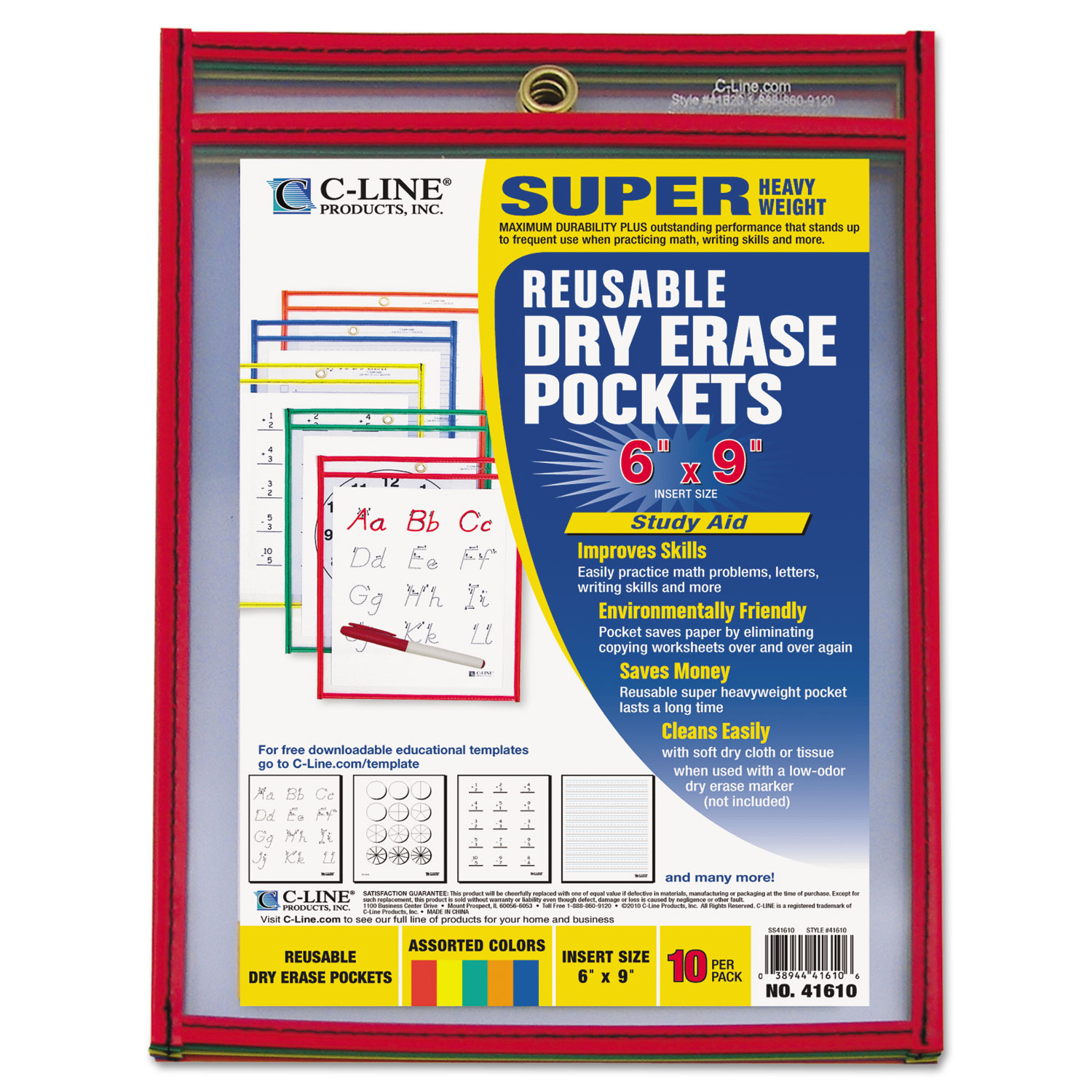  C-Line 41610 Reusable Dry Erase Pockets, 6 x 9, Assorted Primary Colors, 10/Pack (CLI41610) 
