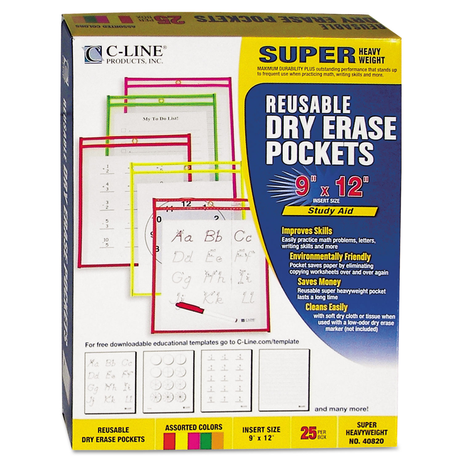  C-Line 40820 Reusable Dry Erase Pockets, 9 x 12, Assorted Neon Colors, 25/Box (CLI40820) 