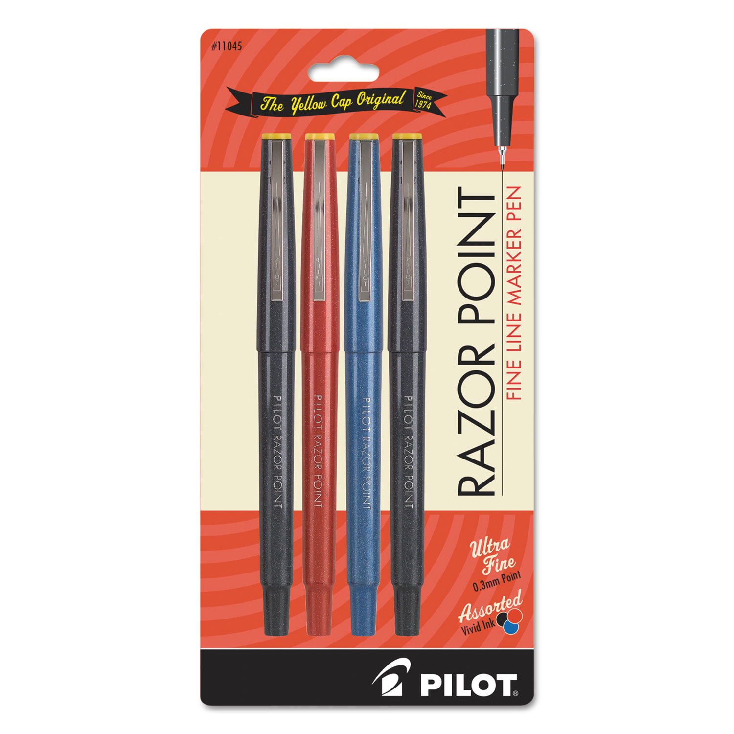  Pilot 11045 Razor Point Stick Porous Point Marker Pen, 0.3mm, Assorted Ink/Barrel, 4/Pack (PIL11045) 