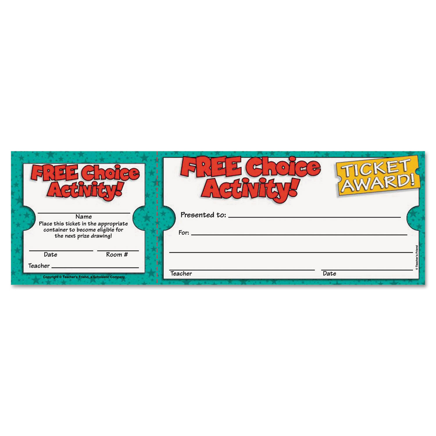 Free Choice Activity Award Ticket, 8 1/2w x 2 3/4h, 100 2-Part Tickets/Pack