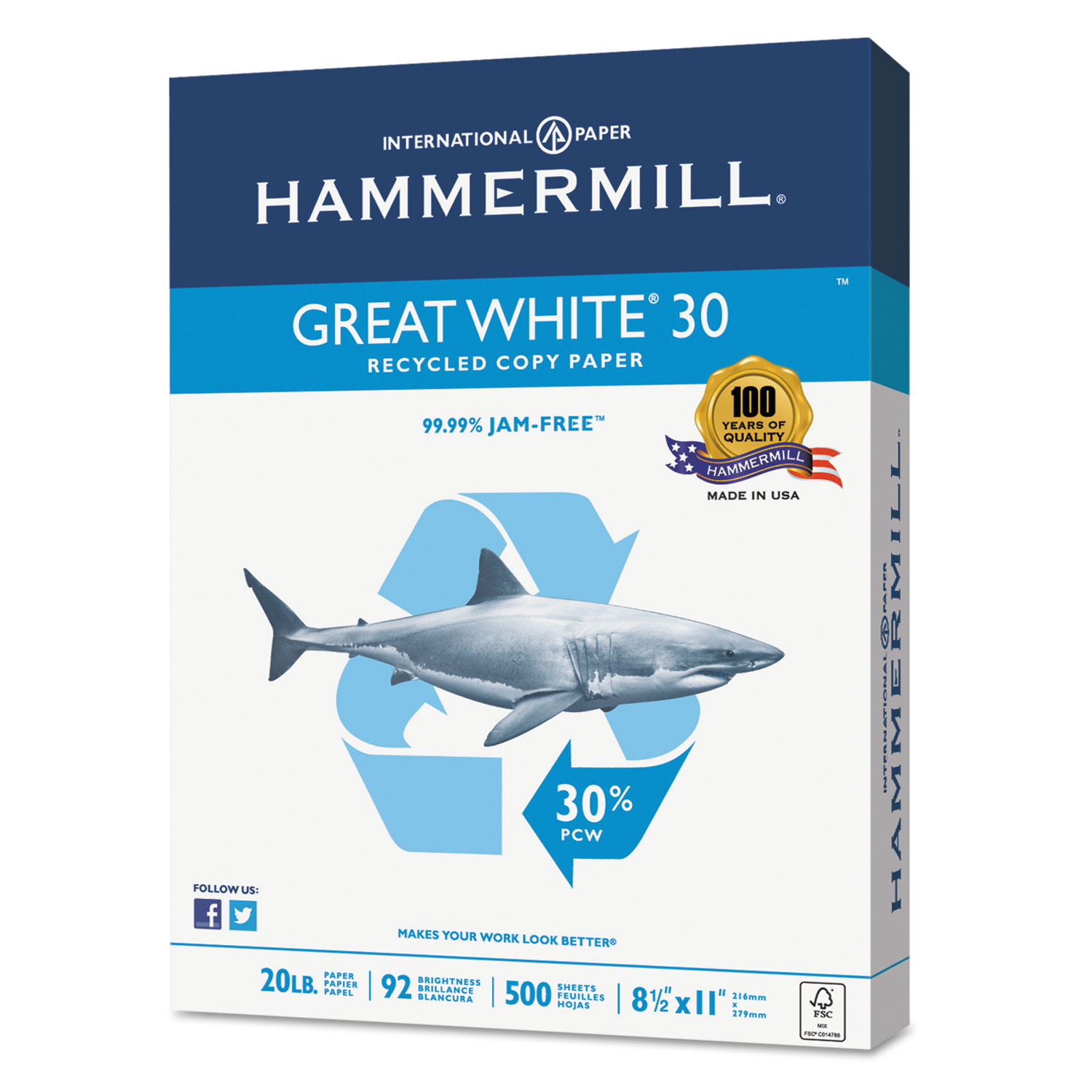 Hammermill® Great White 30 Recycled Print Paper, 92 Bright, 20lb, 8.5 x 11, White, 500 Sheets/Ream, 5 Reams/Carton